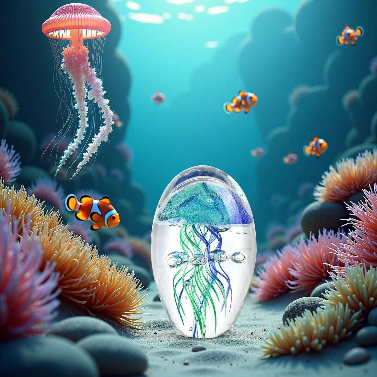 QFkris Hand Blown Glass Jellyfish Paperweight, 3.8" Jellyfish in Glass Decoration, Jelly Fish Figurine Art Decor, for Women