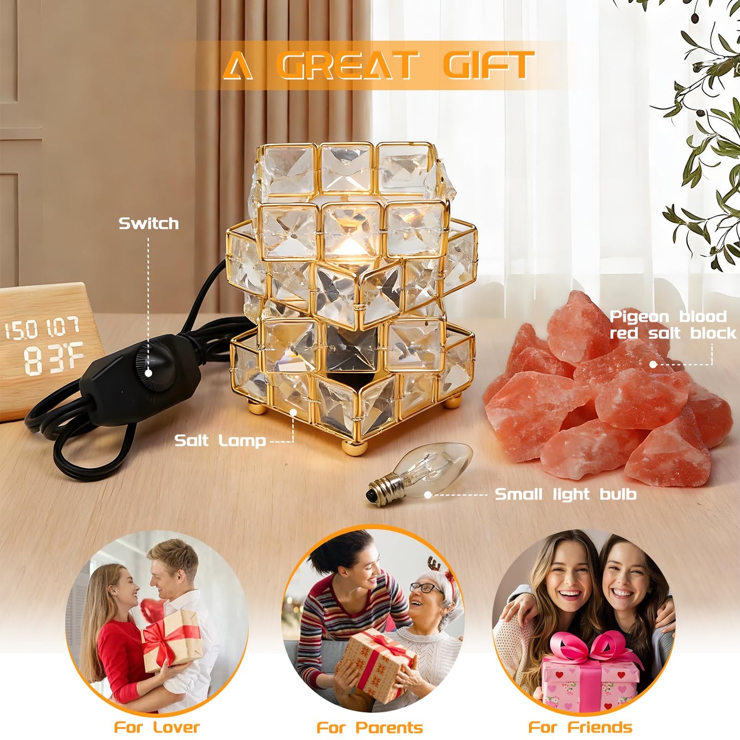 Natural Himalayan Pink Salt Lamp, Dimmable Single Lighting, Plug-in Powered, Crystal Salt Rock Lamp, Glow Night Light for Bedroom Office, UL & ETL Certified Cord (Crystal Cube)