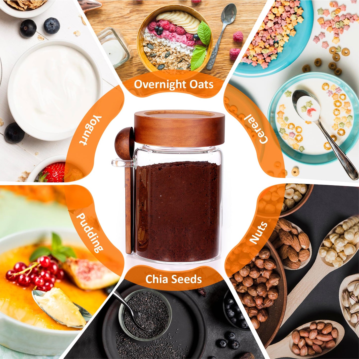 MOLADRI 18 oz/550 ml Glass Storage Canister with Airtight Wooden Lid, Clear Small Decorative Container Jar with Spoon for Salad Overnight Oats Snacks Yogurt Cereal Fruit Spice Sugar Coffee Candy Salt