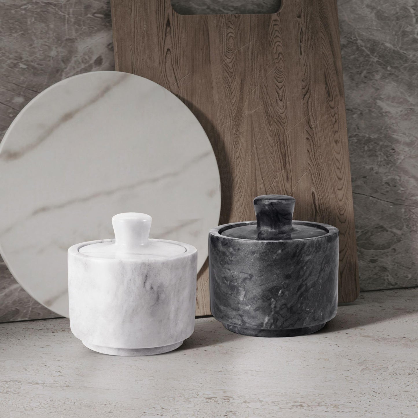 Flexzion Marble Salt Cellar with Lid - Salt and Pepper Bowls Dish Container for Kitchen - Marble Pepper Jar Storage Box Holder for Paprika, Herbs, Sugar, Jewelry & Watches (Set of 2, Black & White)