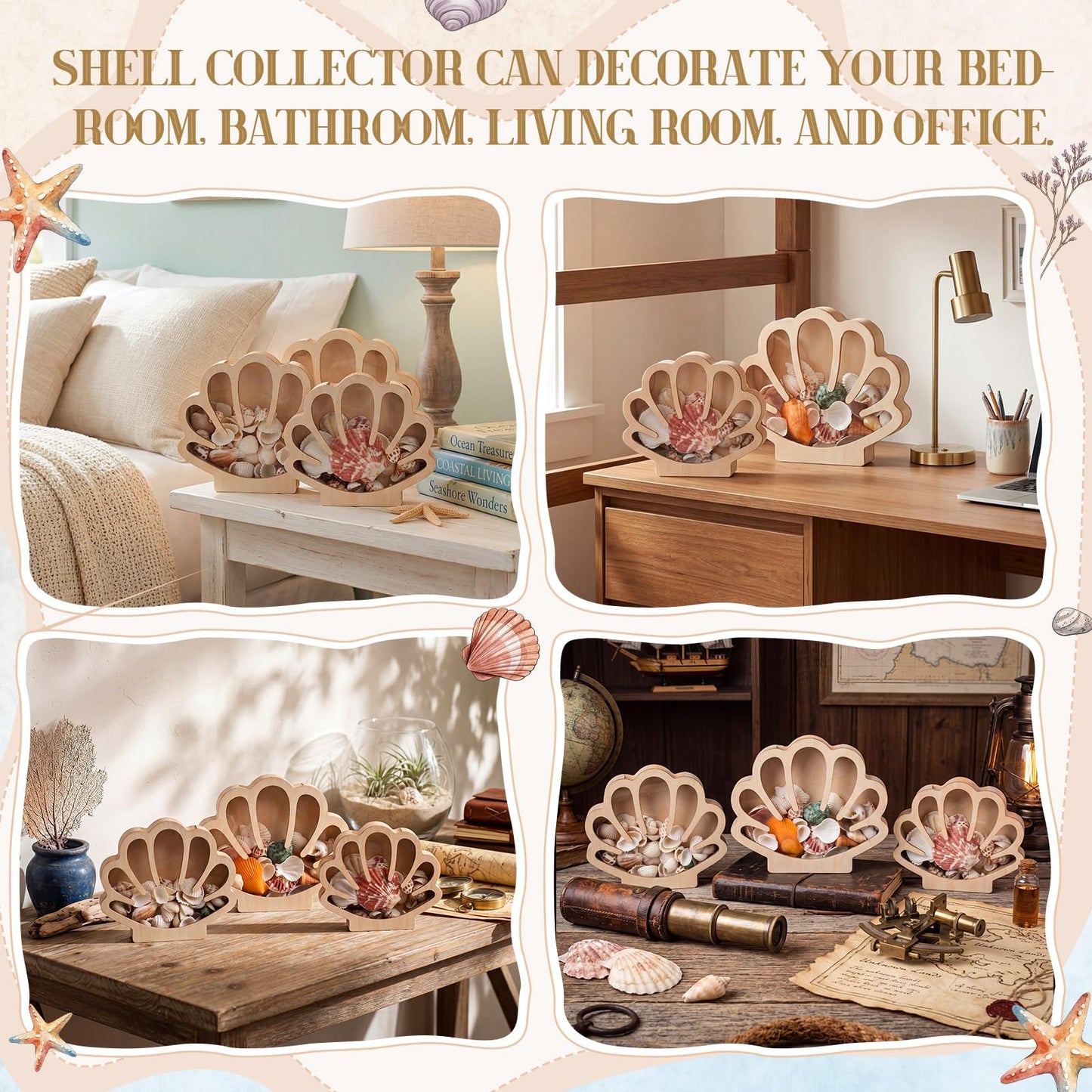 Mifoci 3 Pcs Seashell Display Box Wooden Scallop Shaped Sea Shell Holder with Acrylic Clear Window Starfish Display Case Shadow Box for Sea Glass Shark Tooth Storage Collection Summer Home Decor