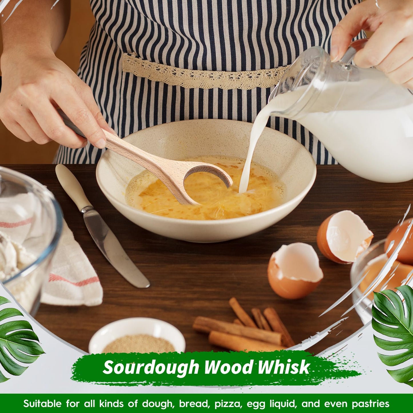 FoldTier 12 Inch Wooden Danish Dough Whisk Sourdough Whisk Dough Mixer Bread Whisking Tool for Mixing Sourdough Bread Baking Supplies for Pastries, Egg, Pizza(2 Pcs)