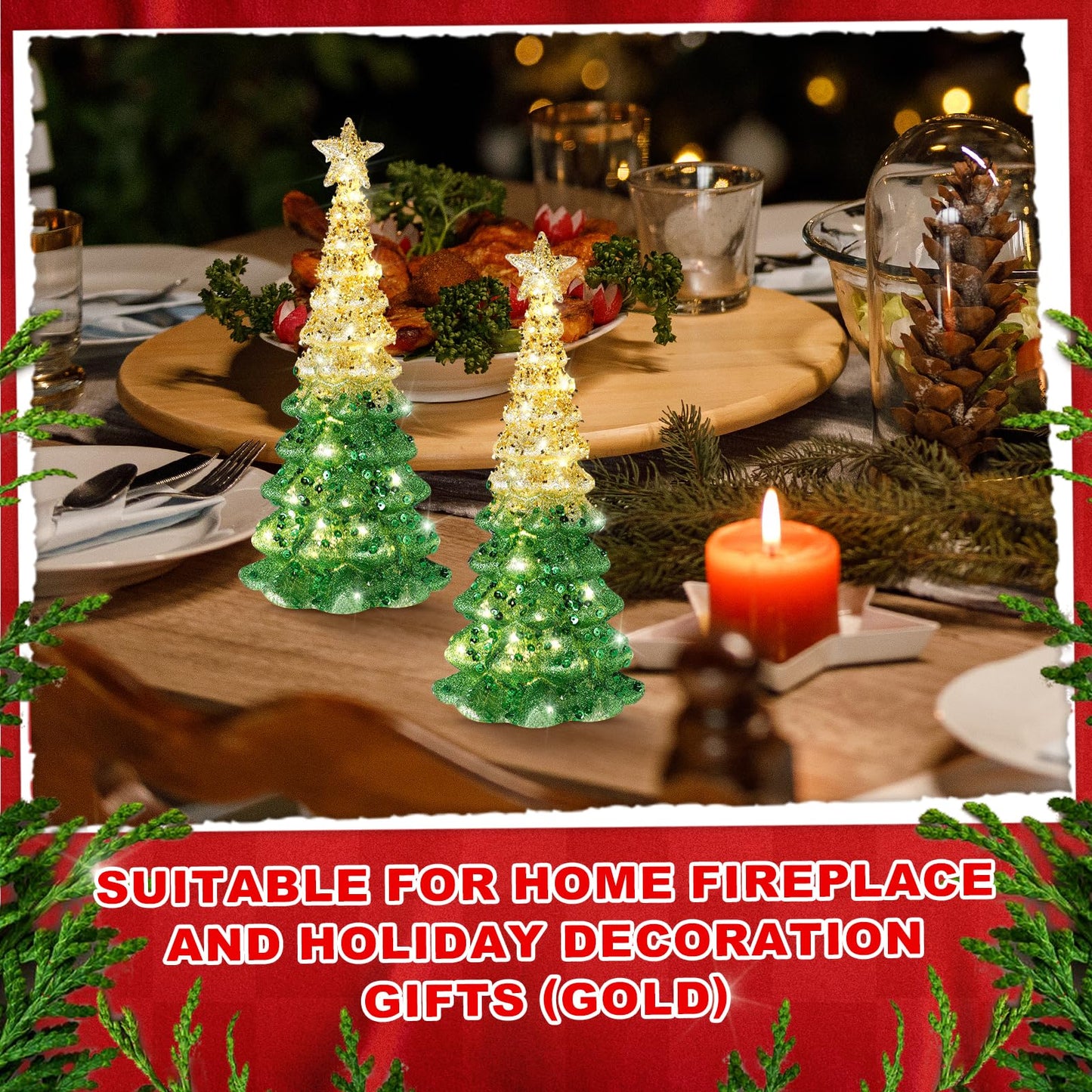 2 Pcs Mercury Glass Christmas Tree for Tabletop Light up Christmas Decor 11.6" Illuminated Glass Xmas Tree Battery Operated Xmas Table Centerpiece for Home Fireplace Festive Decor Gift(Gold)