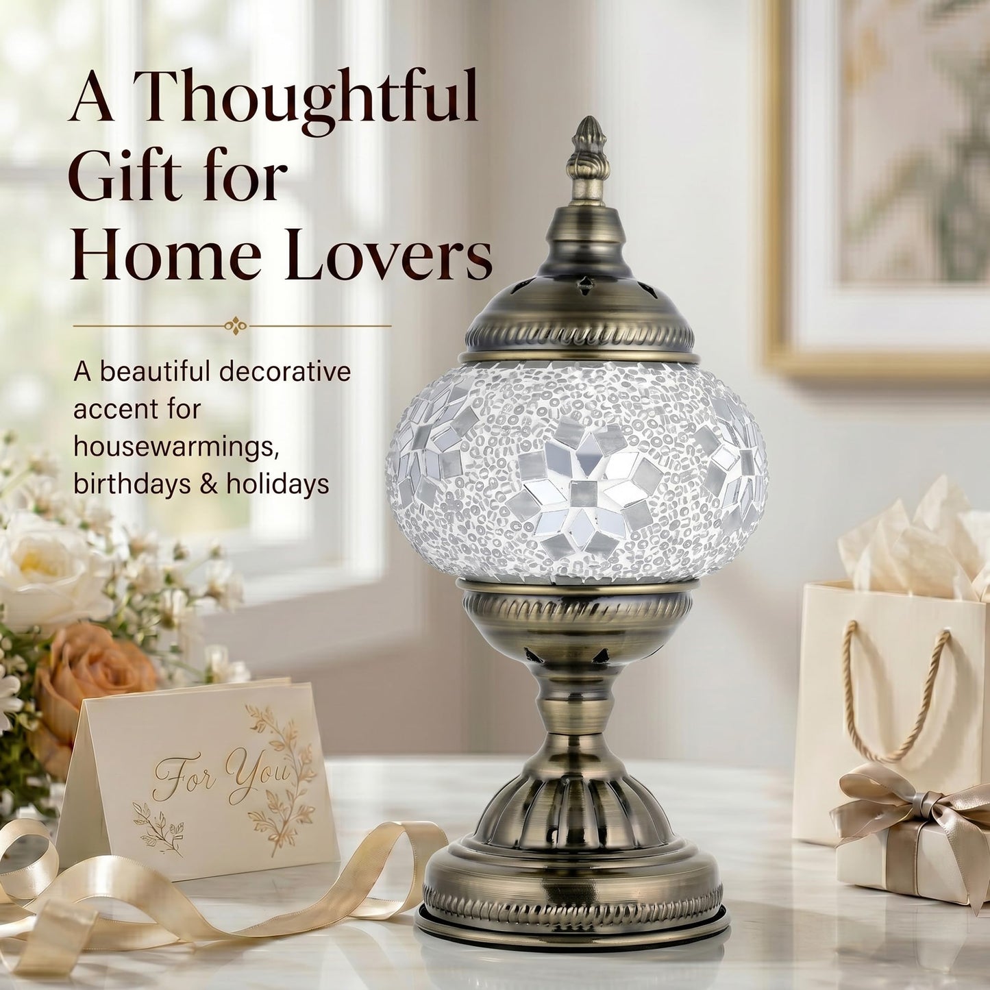 GOGERS Turkish Moroccan Table Lamp Lantern with Handmade Mosaic Glass Lampshade Tiffany Style Bohemian Stained Glass Decorative Desk Lamps Bedside Night Lights for Bedroom (White Fancy)