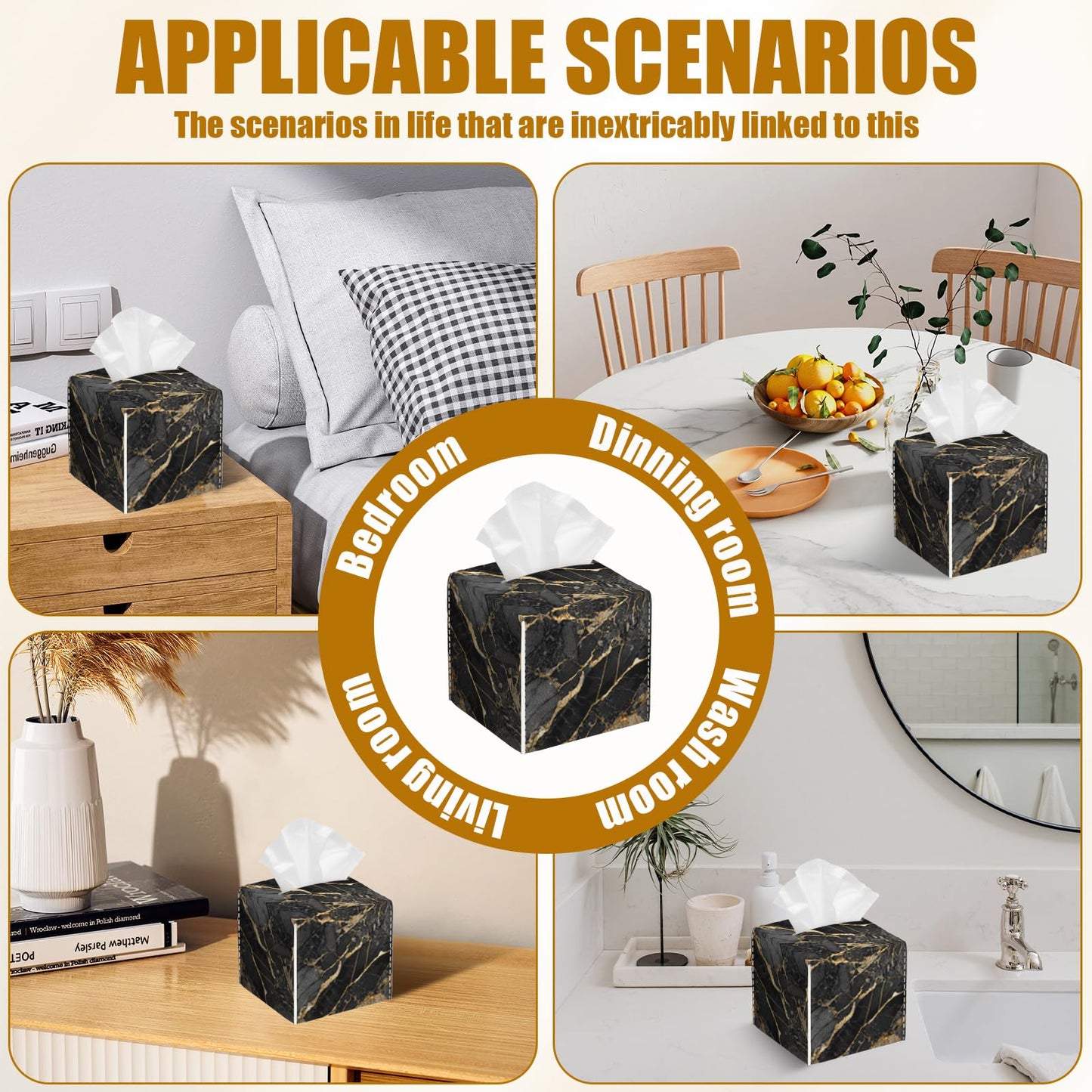 Black Gold Marble Tissue Box Cover 2PCS, Leather Tissue Box Holder Square Facial Paper Case Tissue Box Cube Organizer for Bathroom Bedroom Desk Office