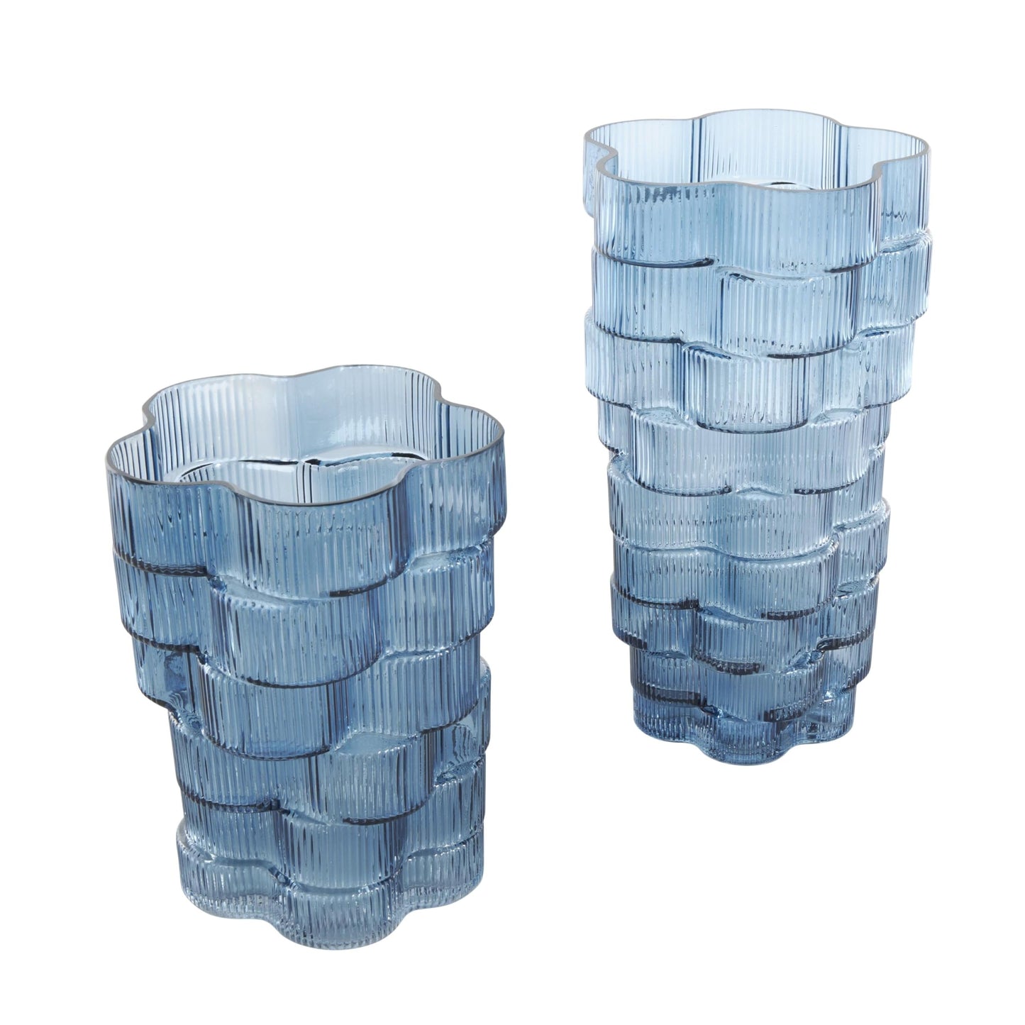 Deco 79 Glass Decorative Vase Stacked Flower Shape Centerpiece Vases, Set of 2 Flower Vases for Home Decoration 12", 9" H, Blue
