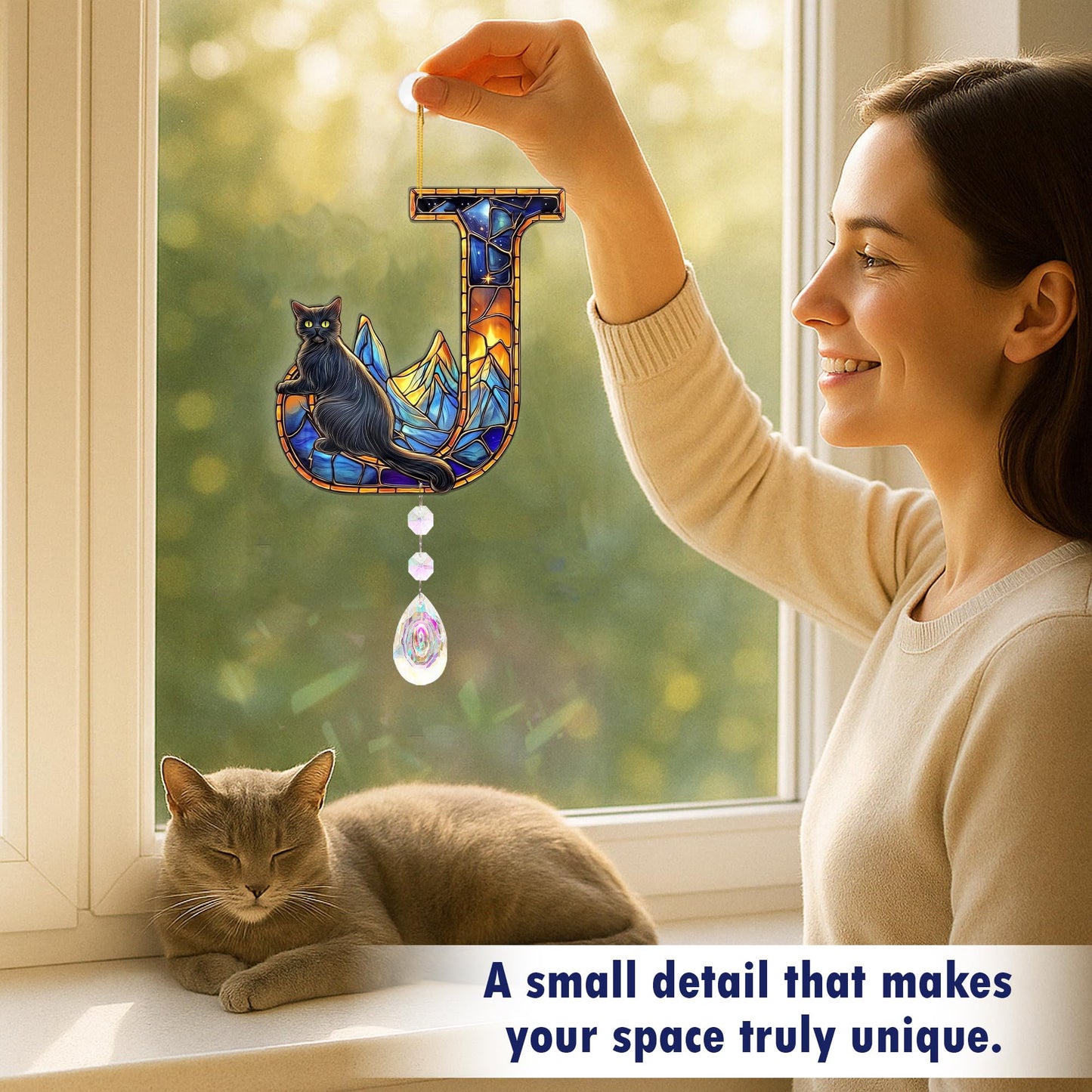 Suncatchers for Windows Hanging, Cat Starry Night Gifts for Women, Crystal Sun Catchers Indoor Window Rainbow Maker. Black Cat Lover Gifts for Women Personalized - Letter J