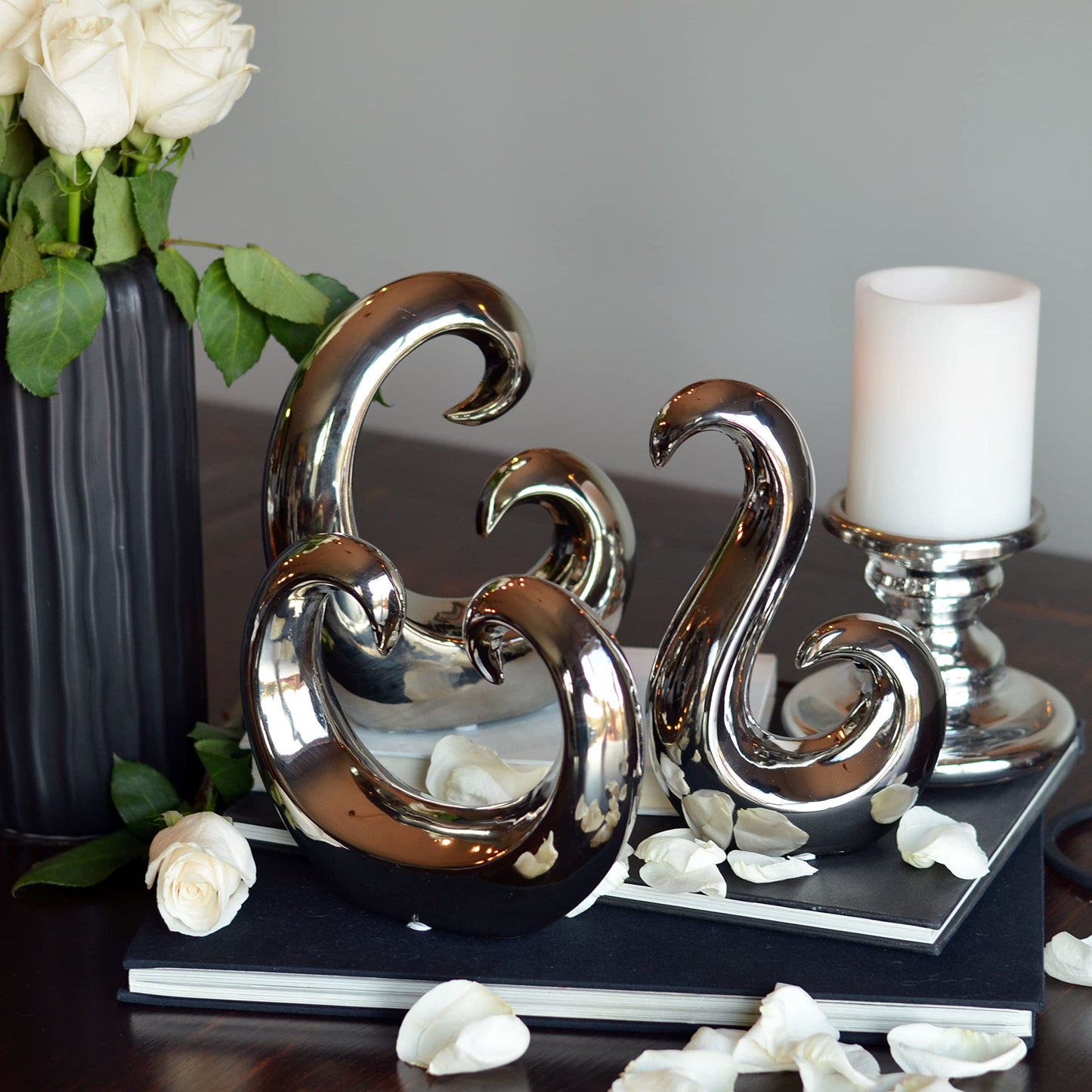 WHW Whole House Worlds Eternity Curl and Wave Sculptures, Set of 3, Decorative Modern Art, Silver Titanium Glazed, High Fired Stoneware, 8.25 Inches