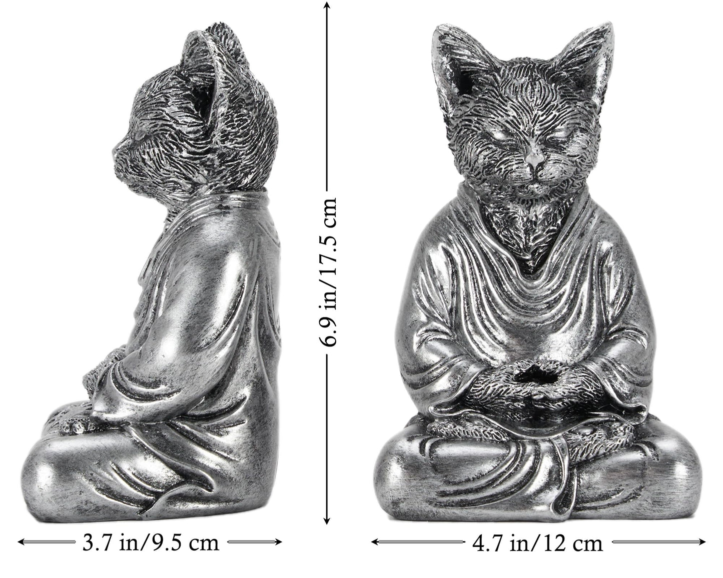 AMOIENSIS Cat Zen Buddha Statue Decor, 7 inch Antique Silver Resin Cat Statue Home Office Meditating Yoga Room Spiritual Decoration