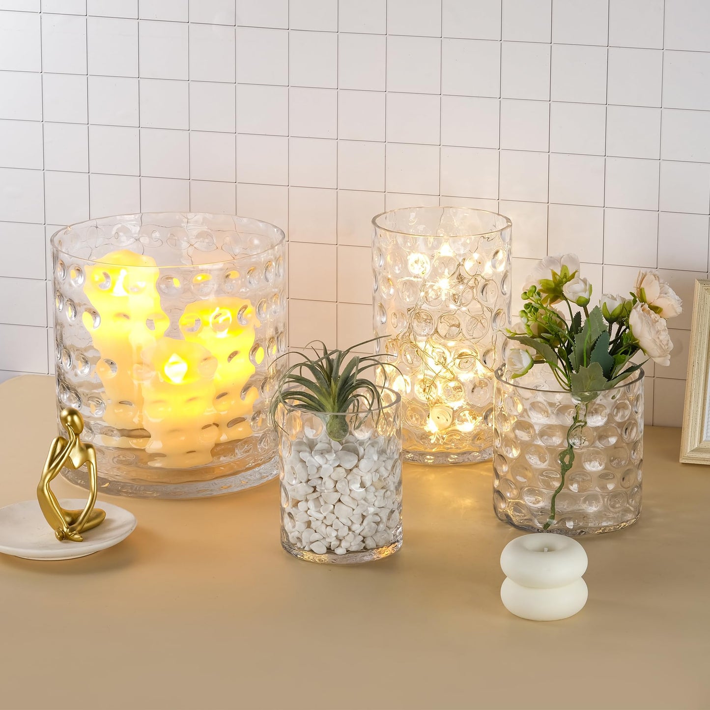 6" Wide 10" High Decorative Glass Cylinder Vase with Dimpled Circle Pattern, 8 Inch Tall, Clear (1, 6"x10")