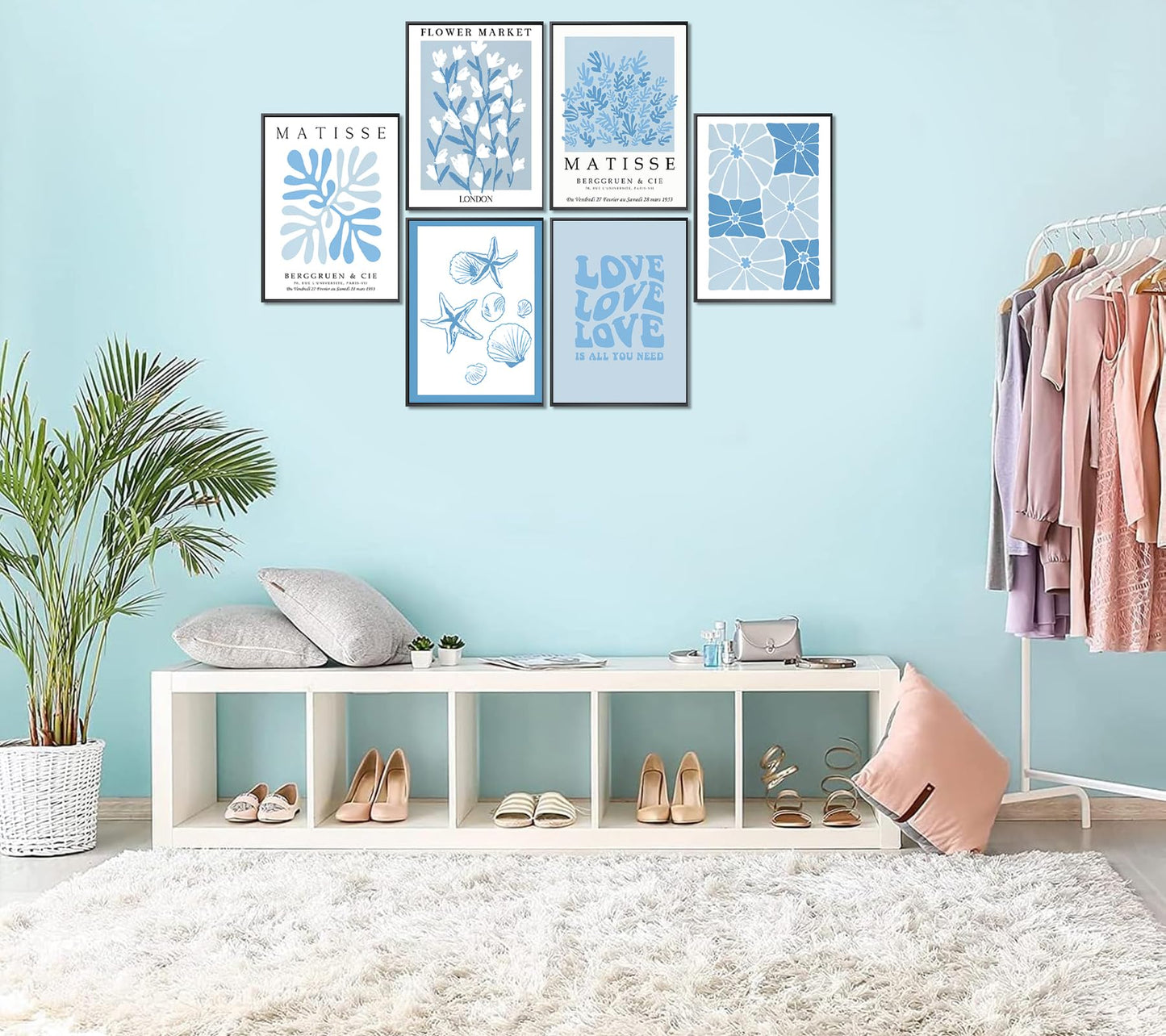 6Pcs Blue Coastal Wall Art Coastal Aesthetic Wall Decor Pictures Abstract Minimalist Posters Prints Boho Blue Plant Leaves Painting Artwork for Bedroom Living Gallery Home Decoration 12x16in, Unframed