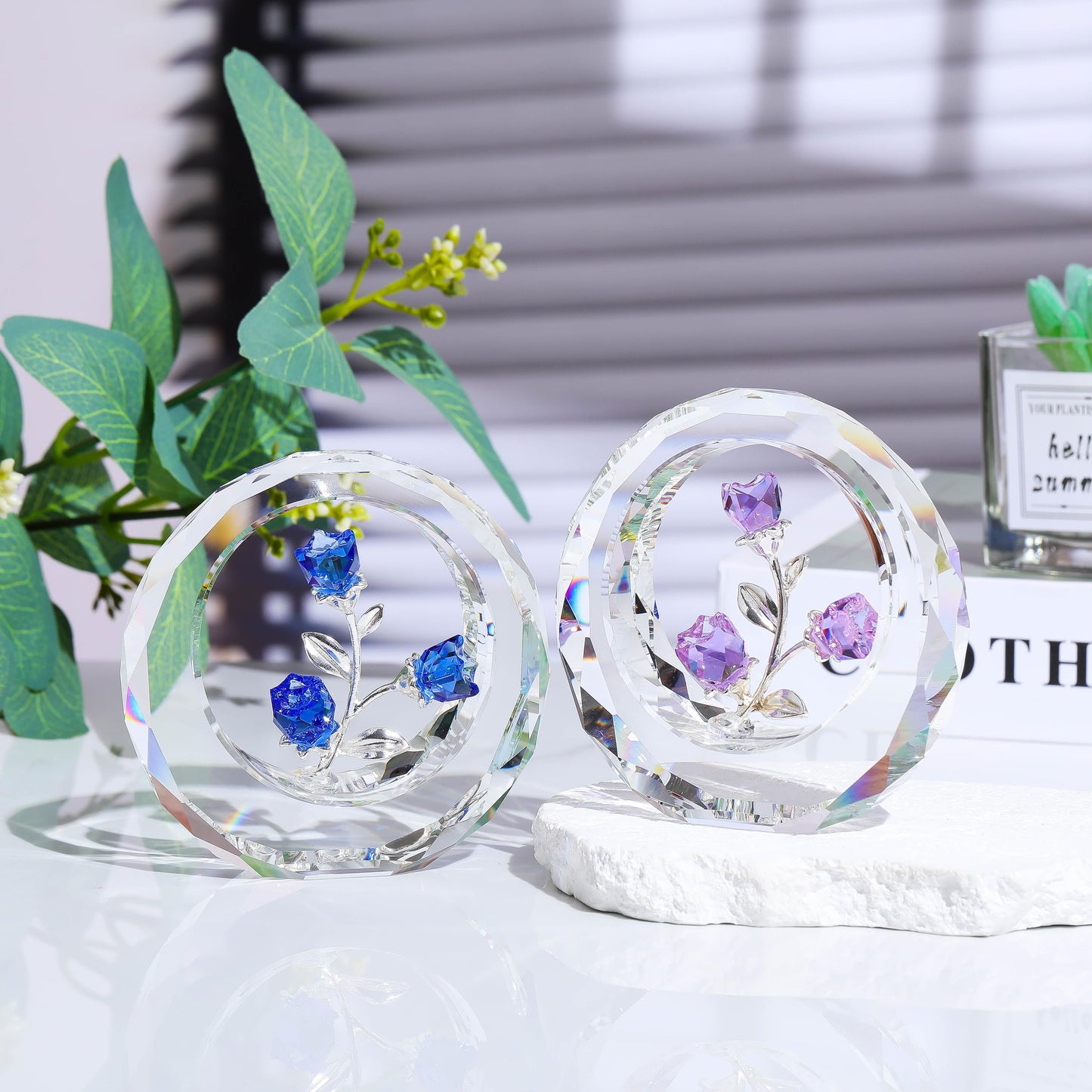 Blue Rose Flower Crystal Figurine with Vase - Bouquet Flowers Ornament Gifts for Wife Girlfriend Women - Handmade Crystal Flower Collectible Home Table Decor for Valentine's Day Wedding Anniversary