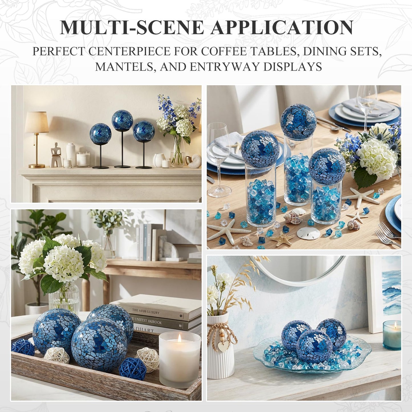 DomeStar 3PCS Decorative Balls for Bowls, 3 Inch Dark Blue Orbs Glass Balls for Centerpiece Bowls Mosaic Sphere for Home Decoration Dining Table