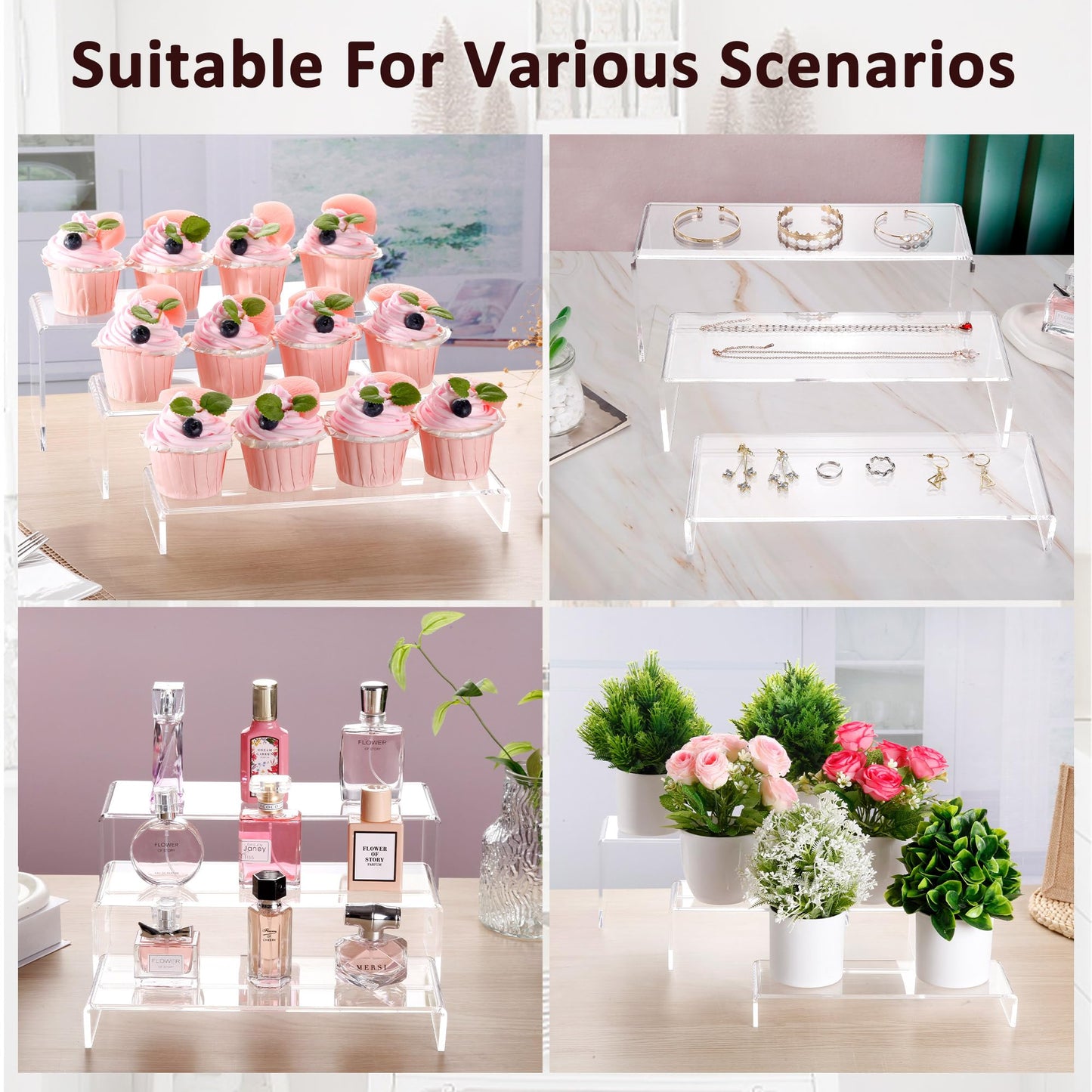 LFTYTUO 1 Set Large Acrylic Clear Display Risers, 3 Sizes 12" Rectangular Showcase Collectibles Display Shelf, 5 mm Thick Desktop Display Stand Holder for Figures, Jewelry, Perfume, Toys