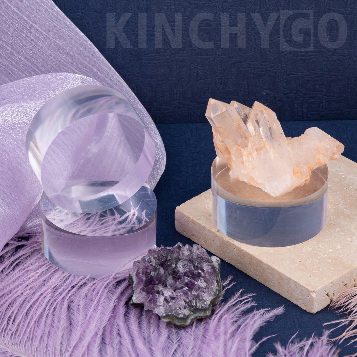 KINCHYGO, 4 Pack Acrylic Round Display Block Clear Polished Jewelry Ring Showcase Display Holder Base Stands 2 x 2 x 1 Inch