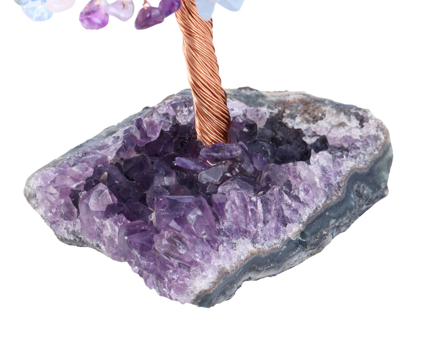 Jovivi Natural Amethyst + Aquamarine + Rose Quartz Healing Crystal Money Tree on Amethyst Cluster Geode Druzy Base Feng Shui Crystals for Home Office Desk Decorations, Wealth, Good Luck