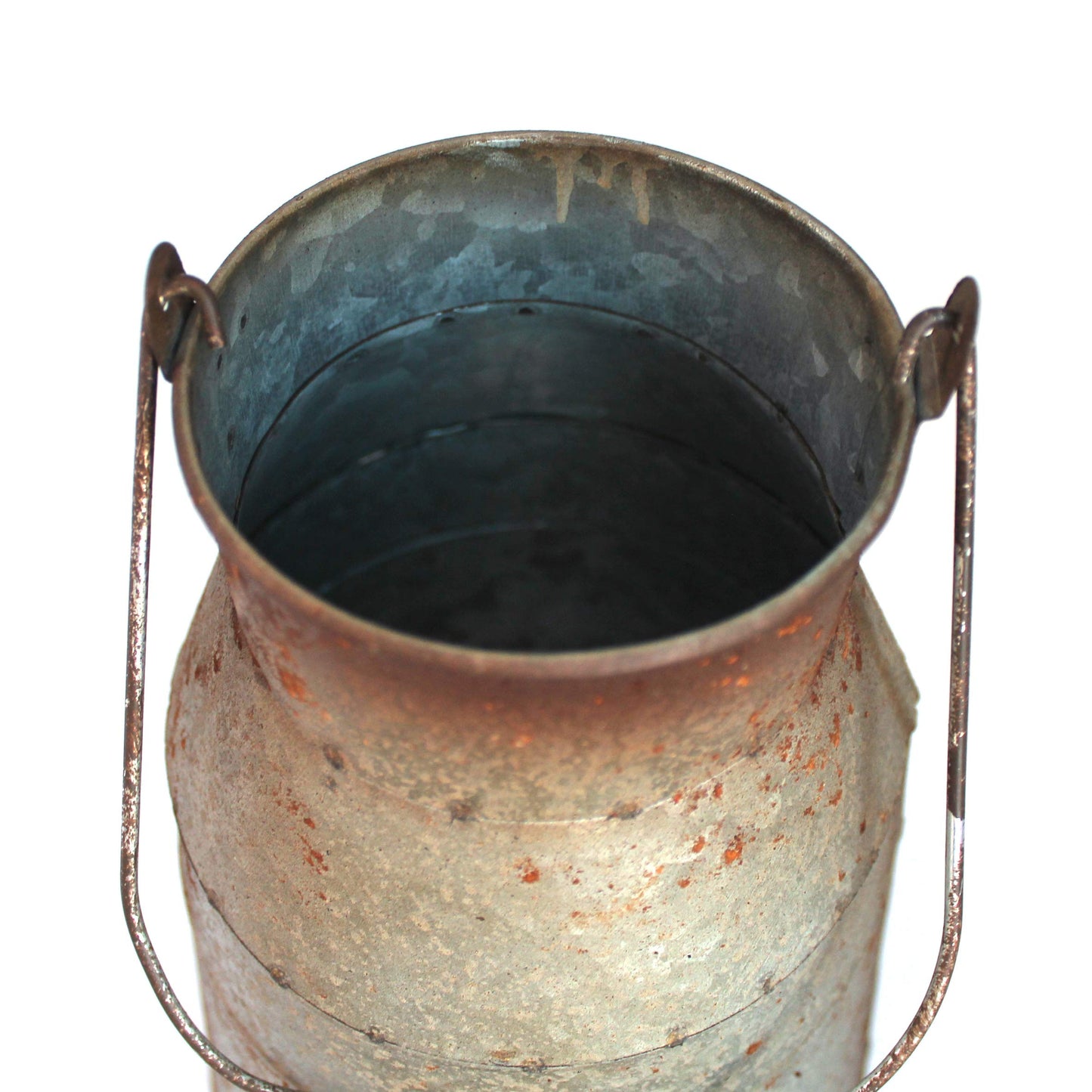 CVHOMEDECO. 10 Inch Galvanized Metal Milk Can with Wooden Handle, Old Rustic Farmhouse Pitcher Jug Vase for Home and Garden Décor. Grey