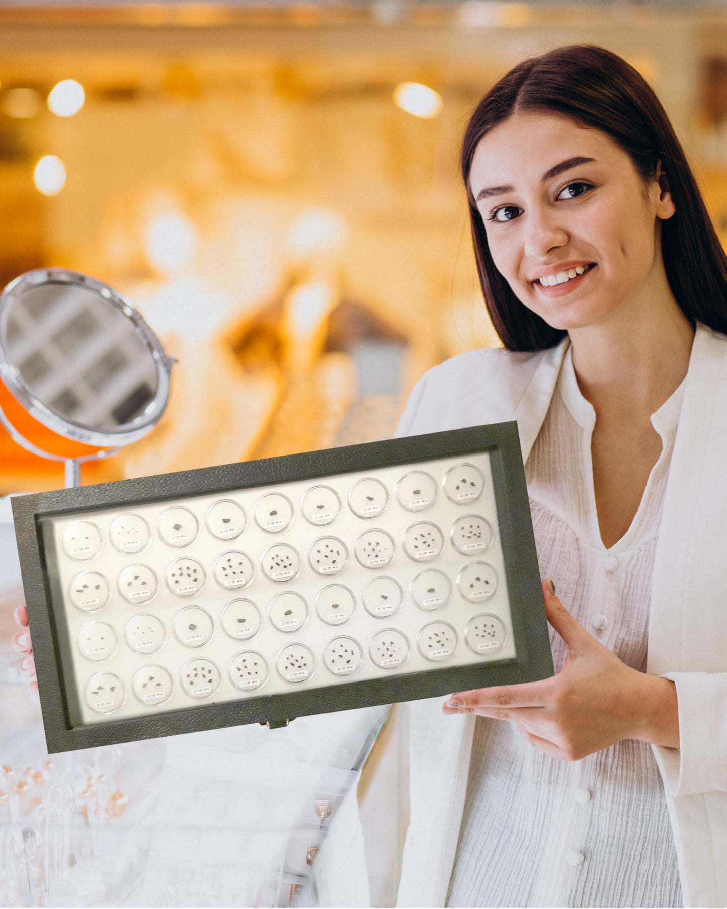 Novel Box Gem Display Case 14.75x8.25x2.1 + Medium Size 36 Gems Jars | Fossil Display Case with Lid & White Tray Foam Liner | Rock Storage Box with Metal Clasp | Display Cases for Collectibles