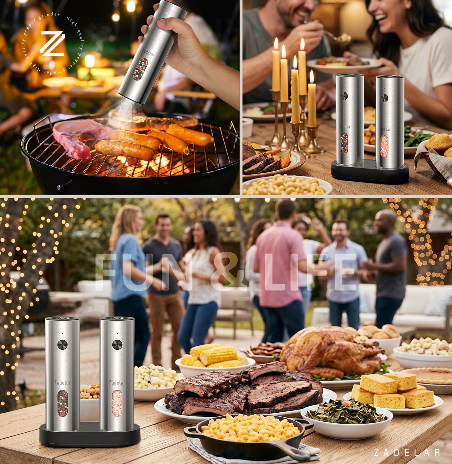 Zadelar Rechargeable Electric Salt and Pepper Grinder Set with USB-C Charging Base, Stainless Steel Automatic Salt and Pepper Shakers, Adjustable Coarseness, LED Light, Large Capacity, Kitchen Gift
