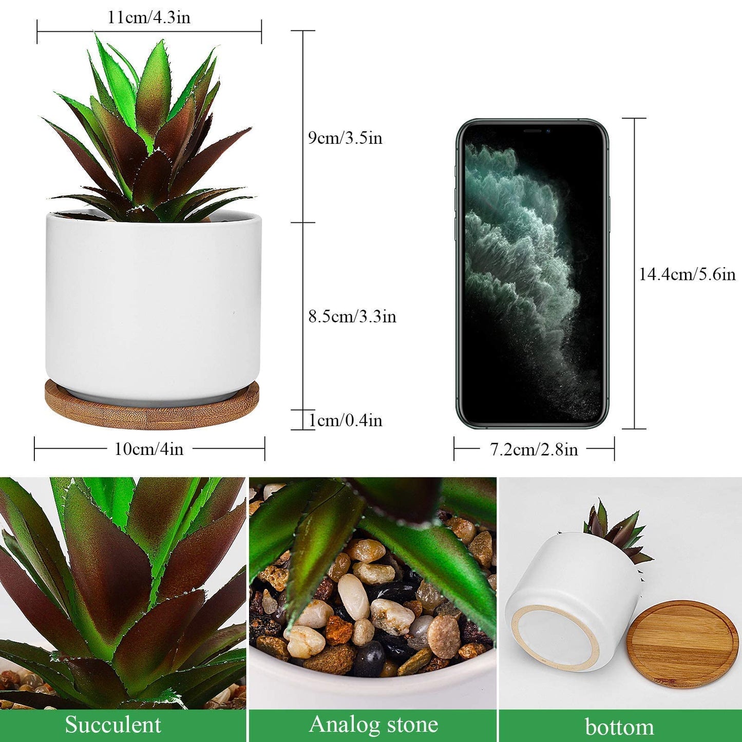 Hopewood Cute Indoor Decor Plants, Artificial Succulent Plants in Ceramic Pots with Bamboo Tray, Faux Potted Plants