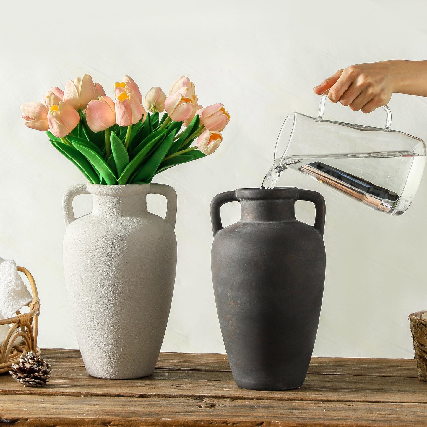 Lyeec Large Ceramic Vase - 11.41 inch Tall Rustic Vase with 2 Handles, Decorative Flower Vases for Home Decor, Living Room Shelf Decor, Table Office