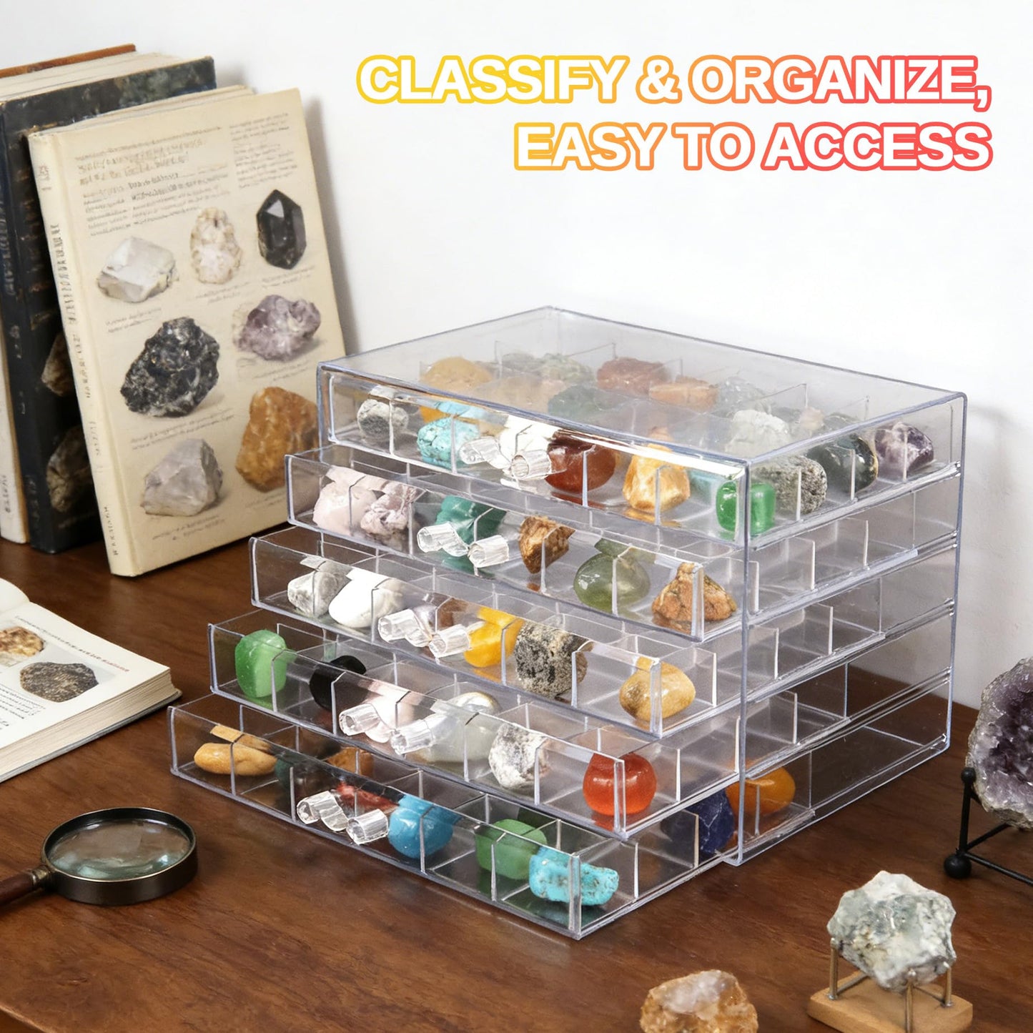 Legrape Rock Collection Box for Kids, 120 Grid Rock Collection Display Case, Clear Rock Storage Box for Gemstones Fossils Minerals