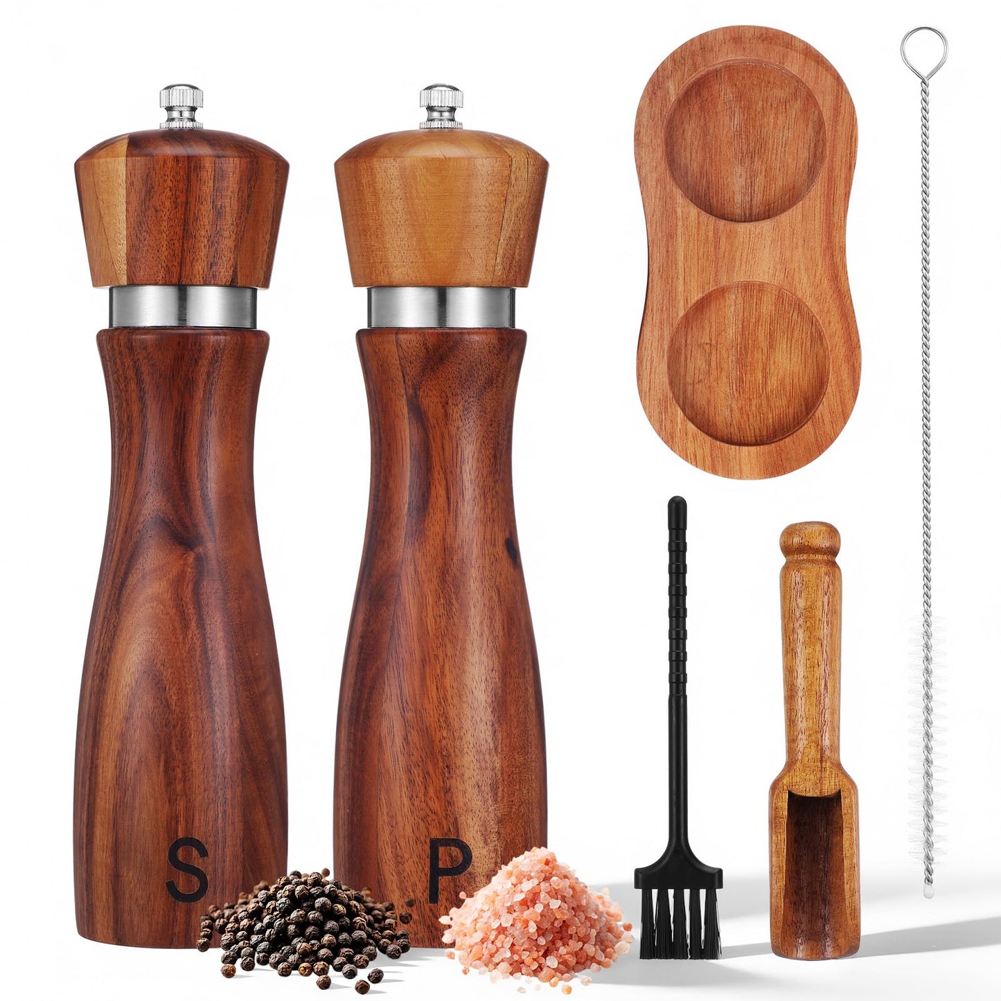Ckhoid 2Pcs Wooden Salt and Pepper Grinder Set, Manual Pepper Grinder with Ceramic Core, Adjustable Coarseness, Along with Salt&Pepper Mill Tray, Spoon (8.7 Inch)