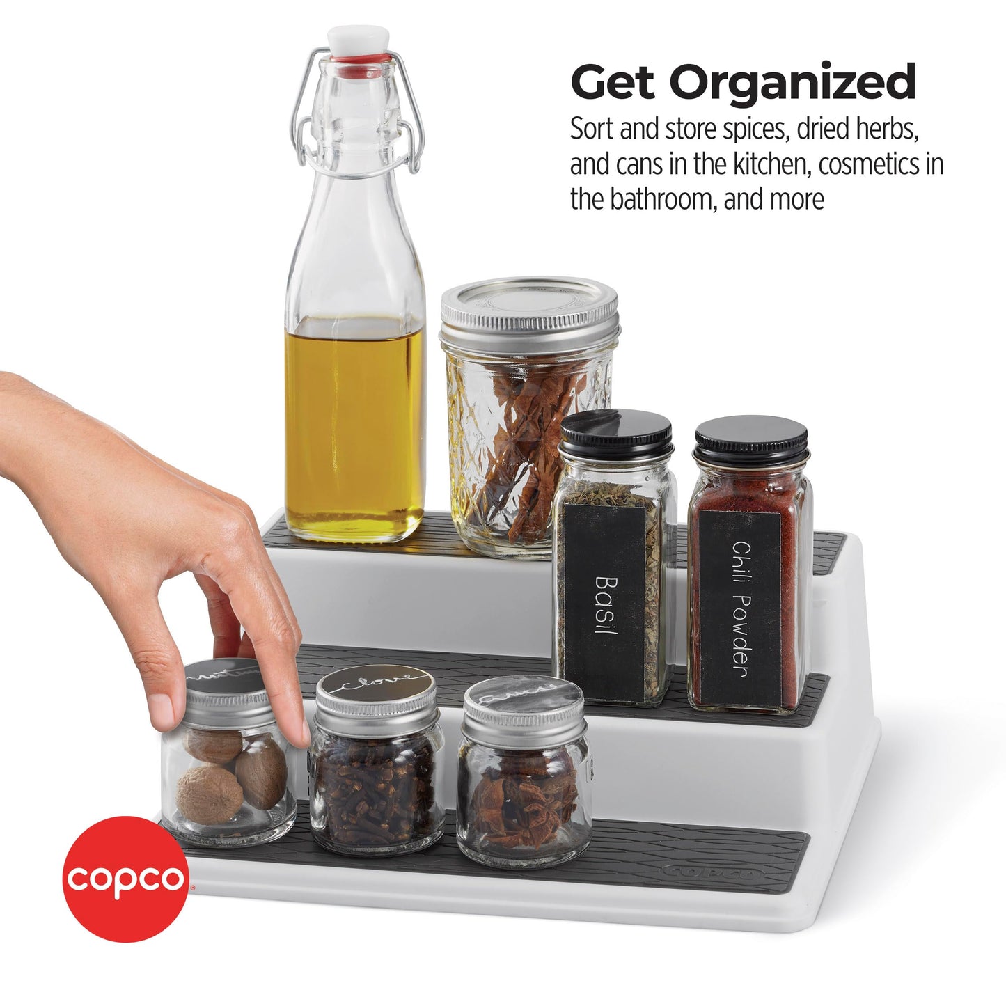 Copco 3-Tier Cabinet Spice Rack Organizer, 10 Inch Tiered Shelf Riser for Kitchen Cabinets, Pantry, and Countertop - Holds Spices, Seasonings, Oils, and Condiments