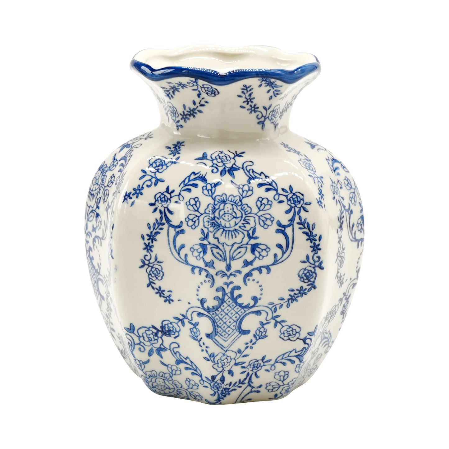 SEICASAYA 6-inch Height Vintage Blue Ceramic Flower Vessel – Elegant Hand-Painted Floral Design, Durable Ceramic Construction, (Crabapple Blossom)