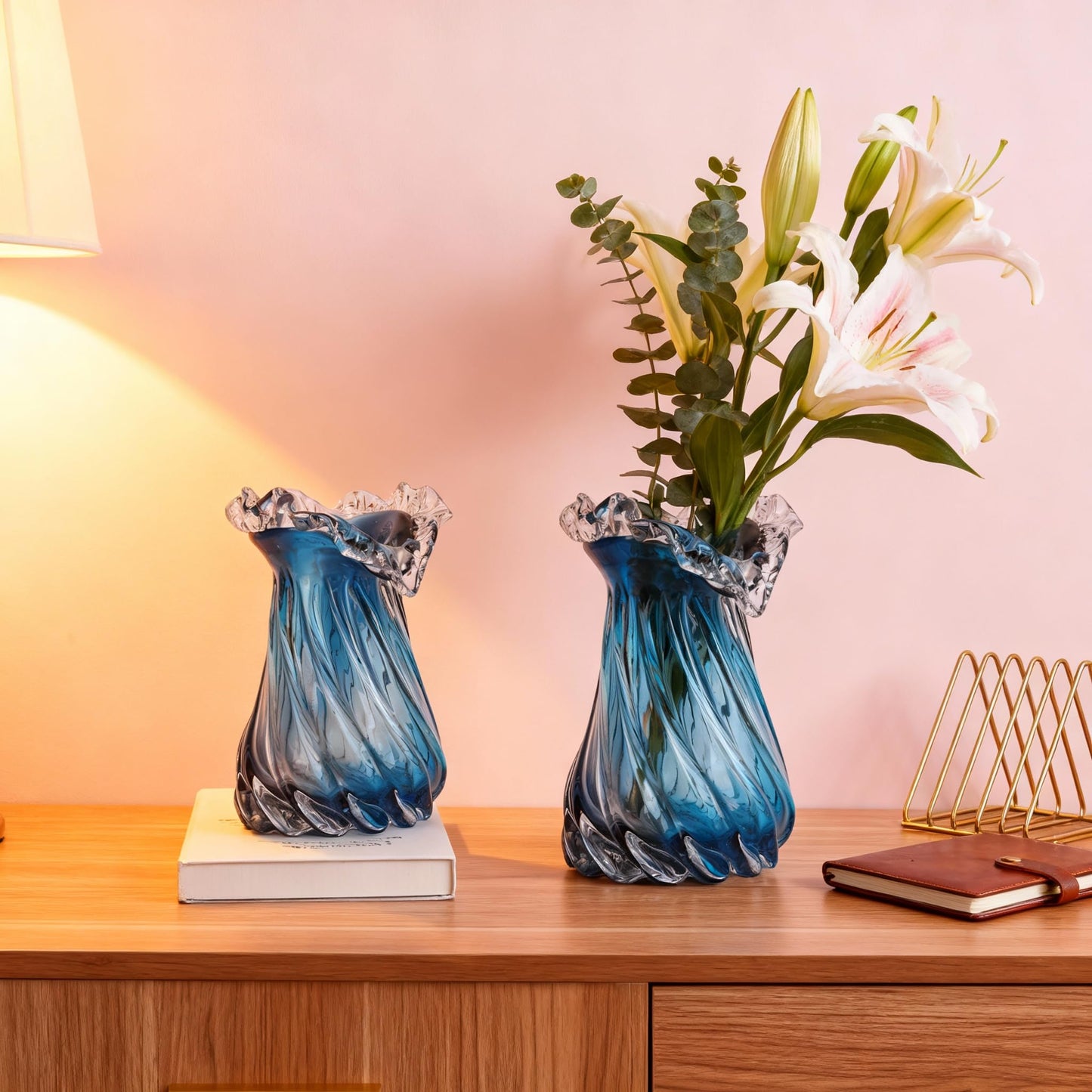 Hand-Blown Blue Glass vase, Wide-Mouth Decorative vase, Blue Glass vase, Suitable for centerpieces on Dining Tables, Living Room Coffee Tables, TV Stands, entryway Decor, and Office Desk Accents.(S)