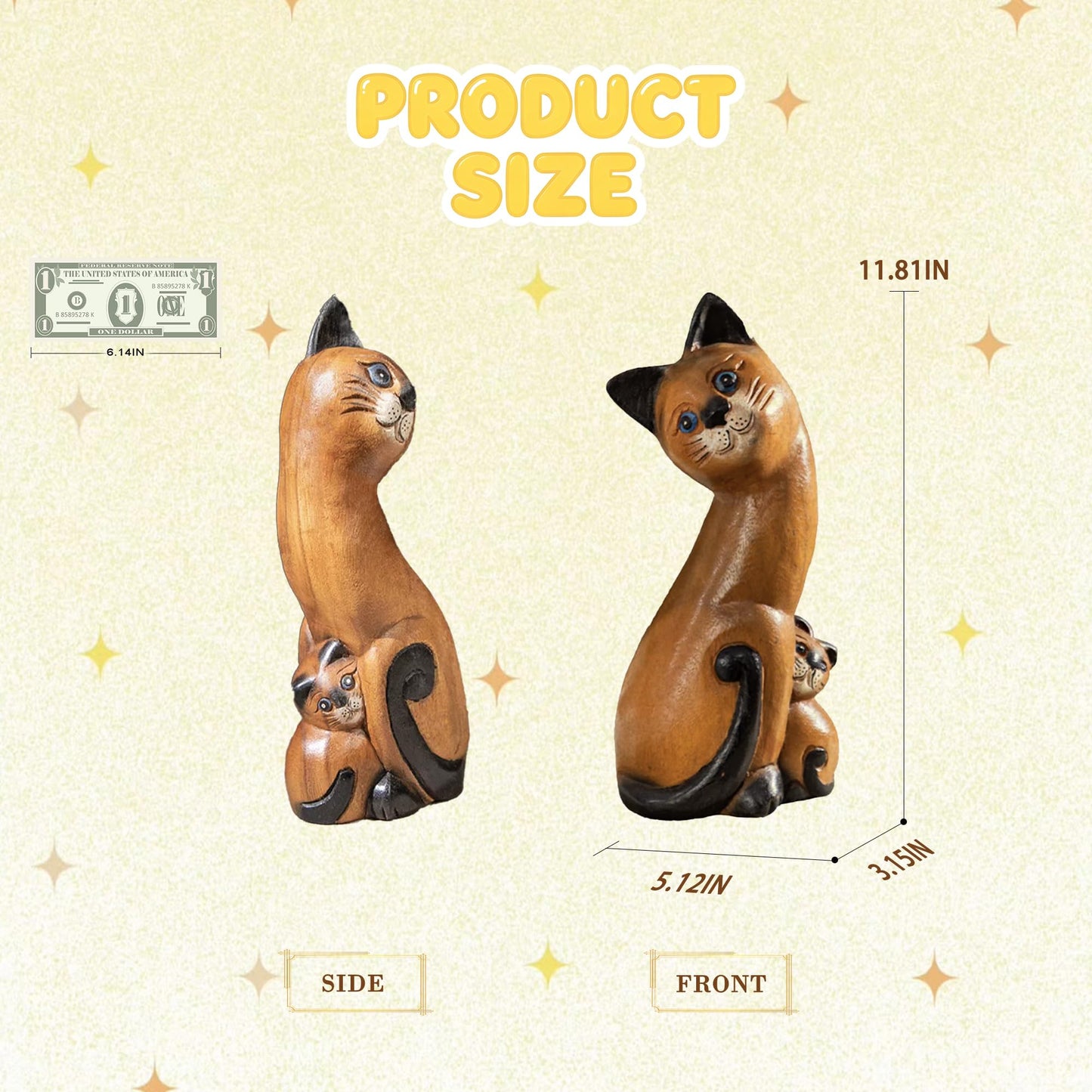 FENGSHUI-CAISHEN Top Wooden Cat Statue & Figurine, Kitten Decor, Kitty Sculpture, Cat Home Office Desk Decor