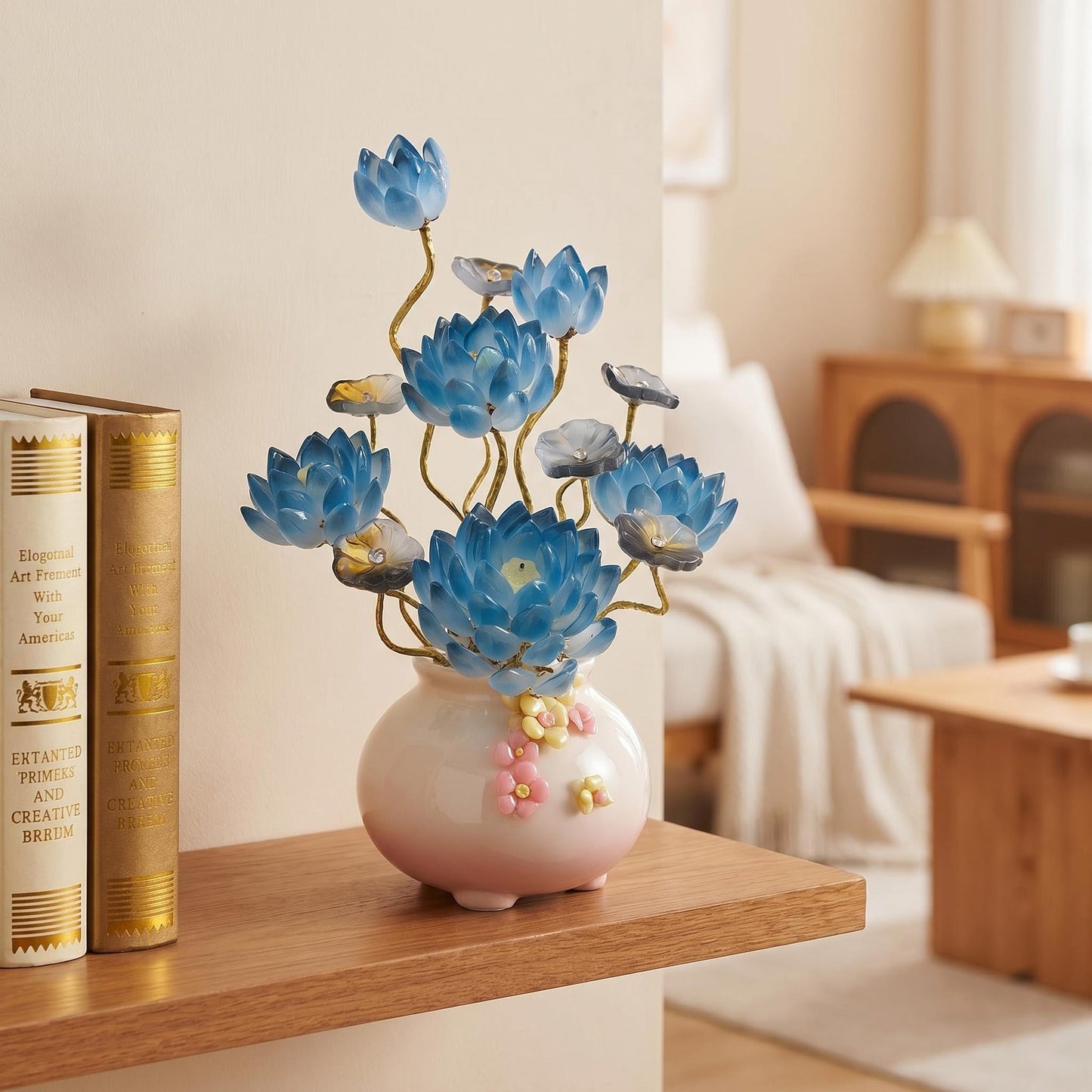 Handmade Art Glass Lotus Flower Arrangement in Vase, Blue Glass Floral Sculpture, Elegant Home Decor Accent, Decorative Centerpiece Gift for Mom, Women, Housewarming (Sapphire Blue)