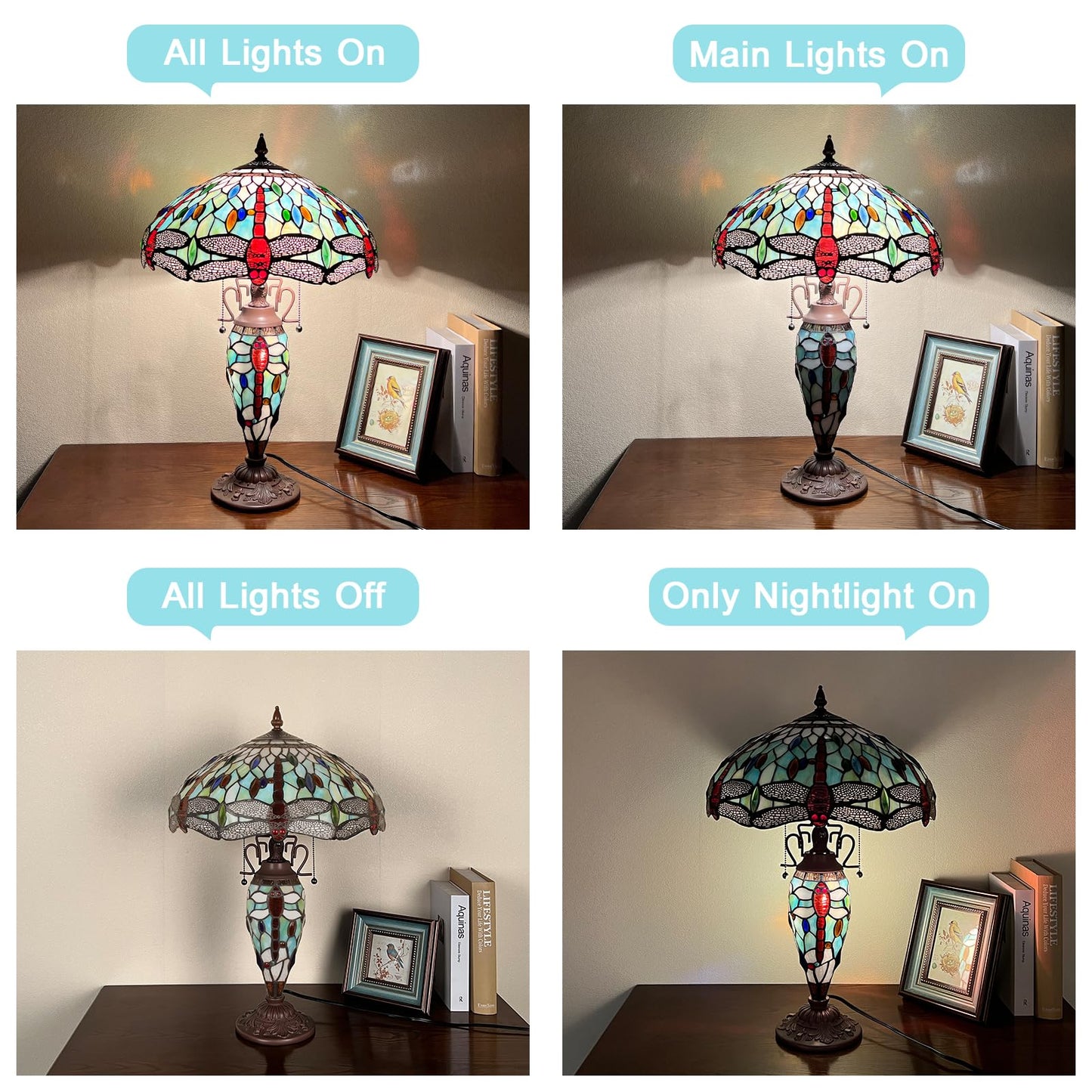 Capulina Tiffany Lamp Fine Sky Dragonfly Stained Glass Table Lamp 3-Light