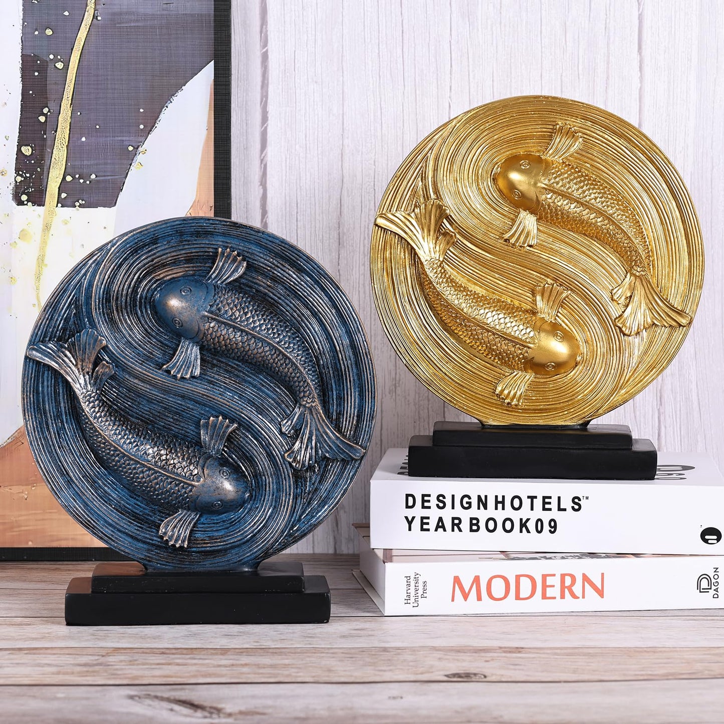 orenm Feng Shui Yin Yang Koi Fish Statue,Modern Shelf Decor Sculpture,for Mens Home Decorations Living Room,Office Good Fortune Sculptures,Bookshelf,Dining Table Centerpieces,TV Stand Decor (Gold)