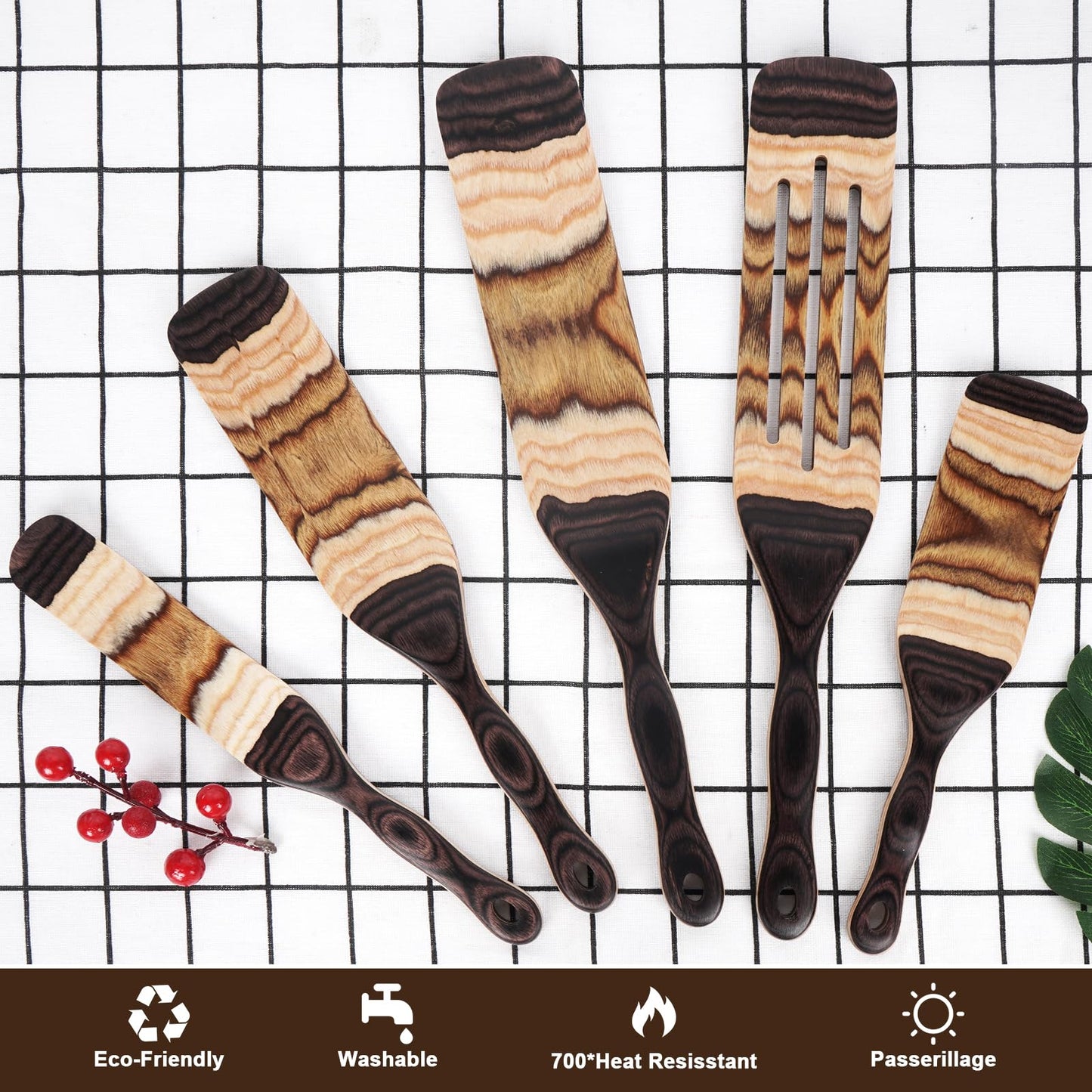 MYRAINBOW Spurtle Set, 5 Pcs Wooden Spoons for Cooking Pakkawood, Wooden Utensil Set for Cooking, Wooden Spatula, Apartment Essentials Wood Serving Spatula spoon, Home & kitchen Gift for Women, Men