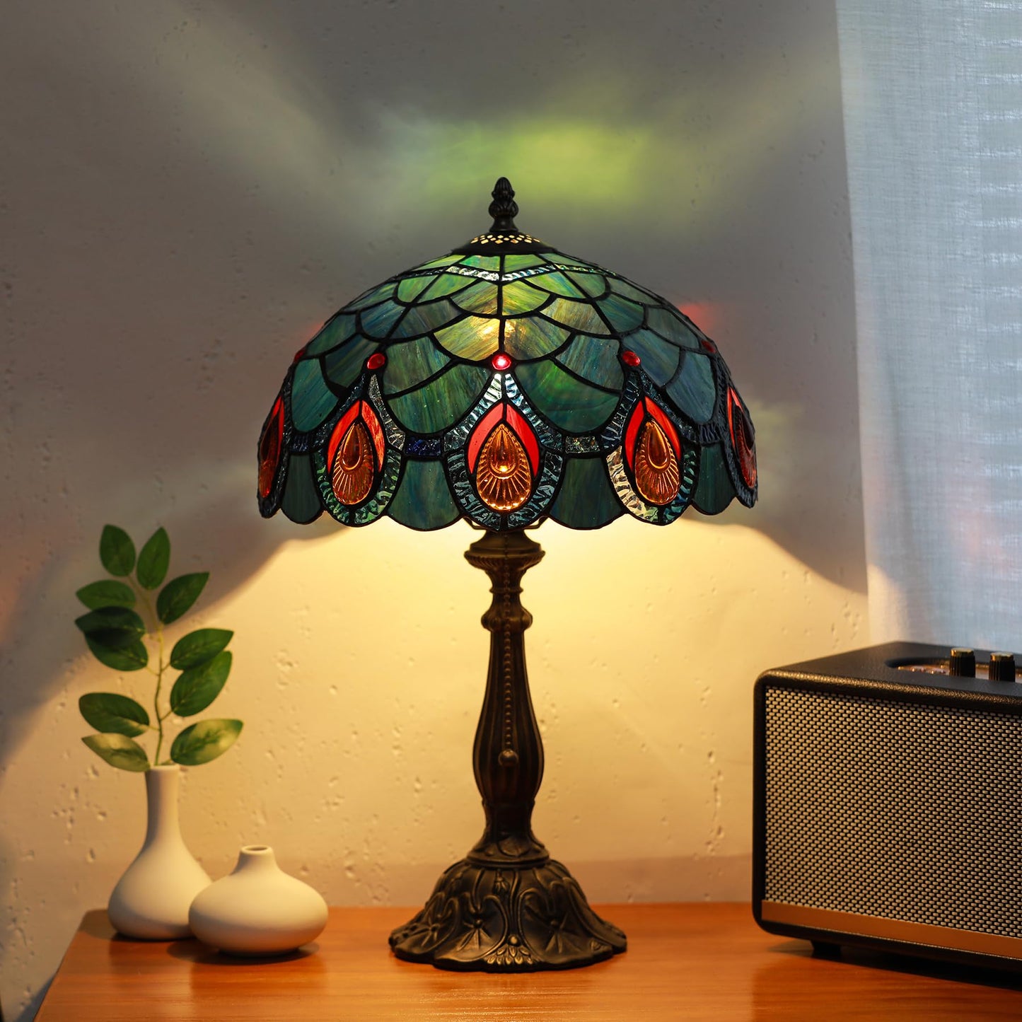 Tiffany Lamps Blue Peacock Tail Style Stained Glass Table Lamp Desk Bedside Reading Light 12X12X18.5 Inches with Bronze Resin Base Applicable to Bedroom Living Room Office