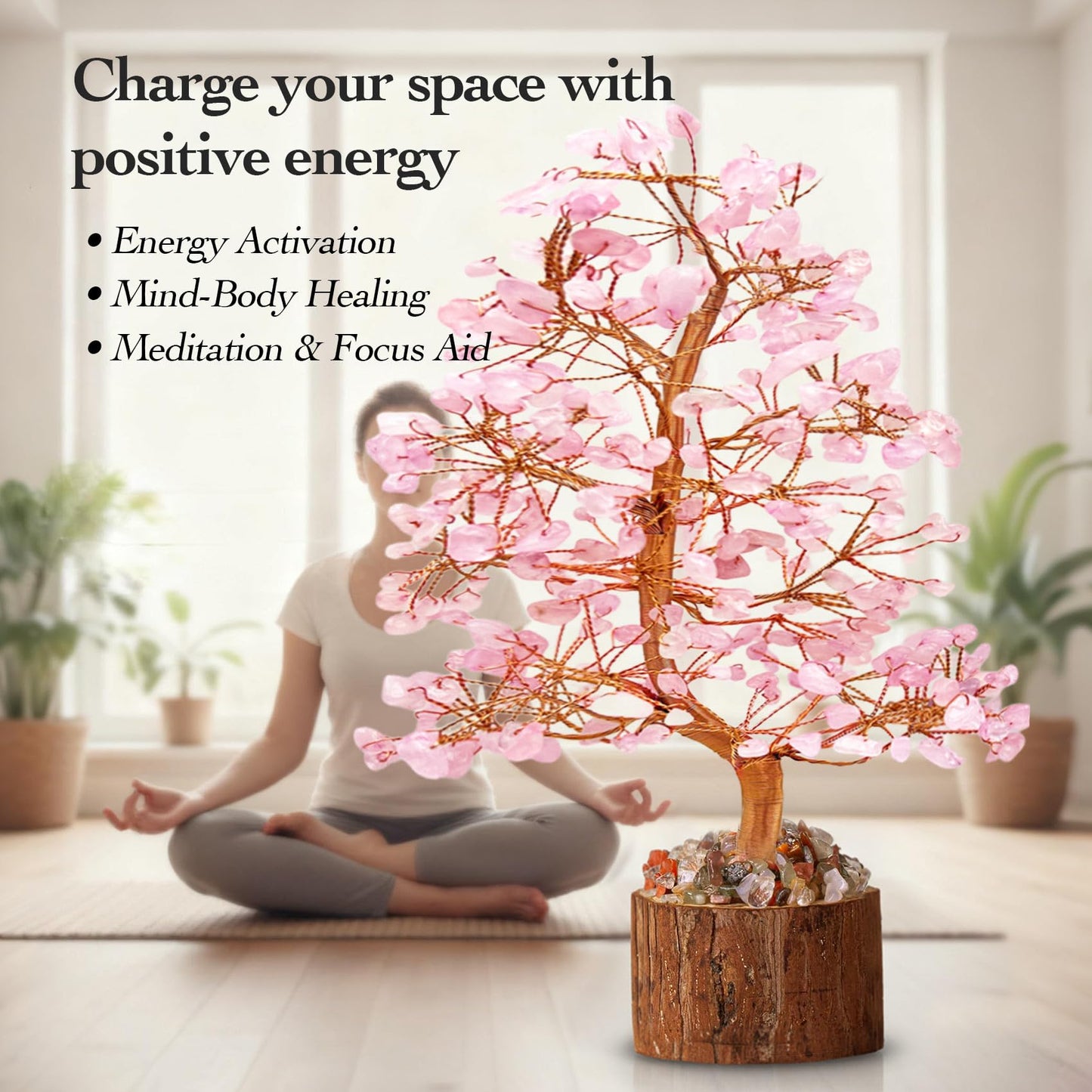 Tizzomx Crystal Healing Chakra Tree of Life Rose Quartz, Sister Women Mom Birthday Spiritual Gifts Positive Energy & Good Luck, Bonsai Gem Stone Feng Shui Money Tree House Home Office Room Desk Decor