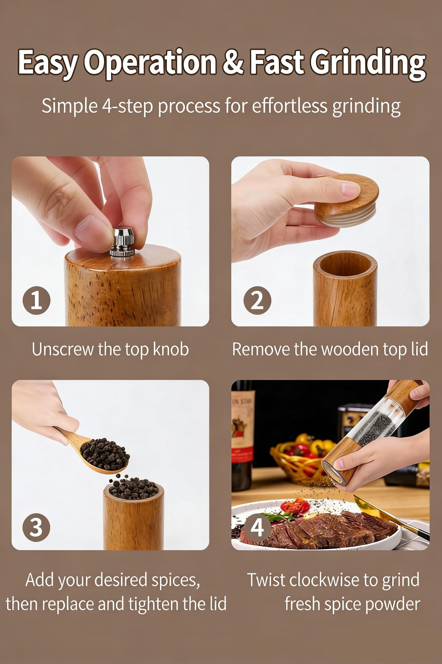 Premium Salt and Pepper Grinder Set, 2 Pack 8 Inches Manual Acrylic Mills, Refillable Salt Shaker and Pepper Mill for Kitchen, Wooden Design