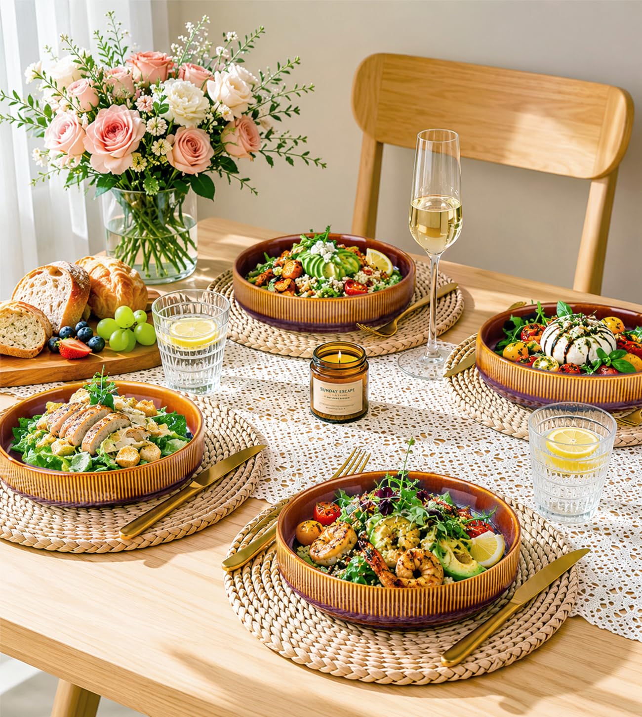 theterra 7.5'' Ceramic Pasta Bowls, Salad Bowls Set of 4, Stoneware Serving Bowls for Fruits, Noodle, Dinner, House-warming Wedding Present, Amber Amethyst