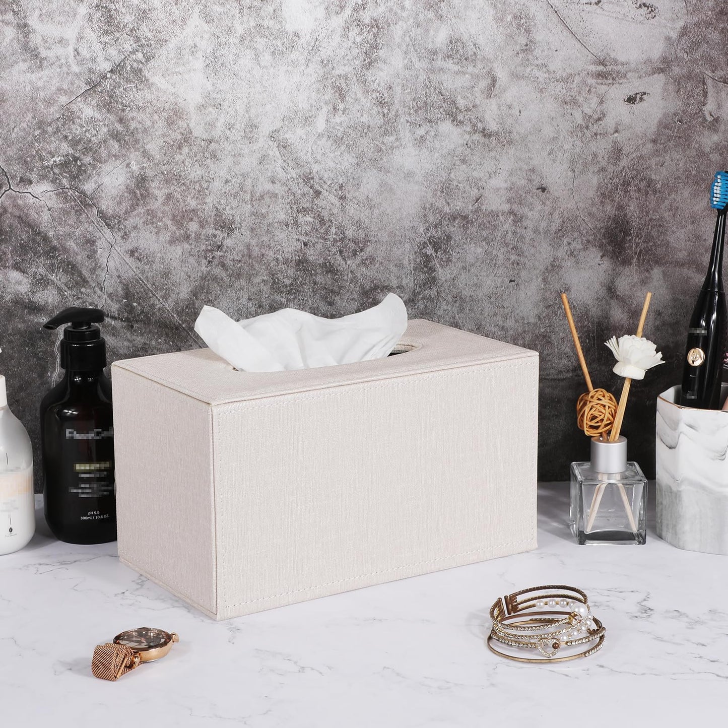 Sumnacon Tissue Box Cover Rectangular Tissue Box Holder Linen Tissue Box with Magnetic Bottom Decorative Beige Tissue Box for Bathroom Toilet Living Room Table Desk Office Car, Large