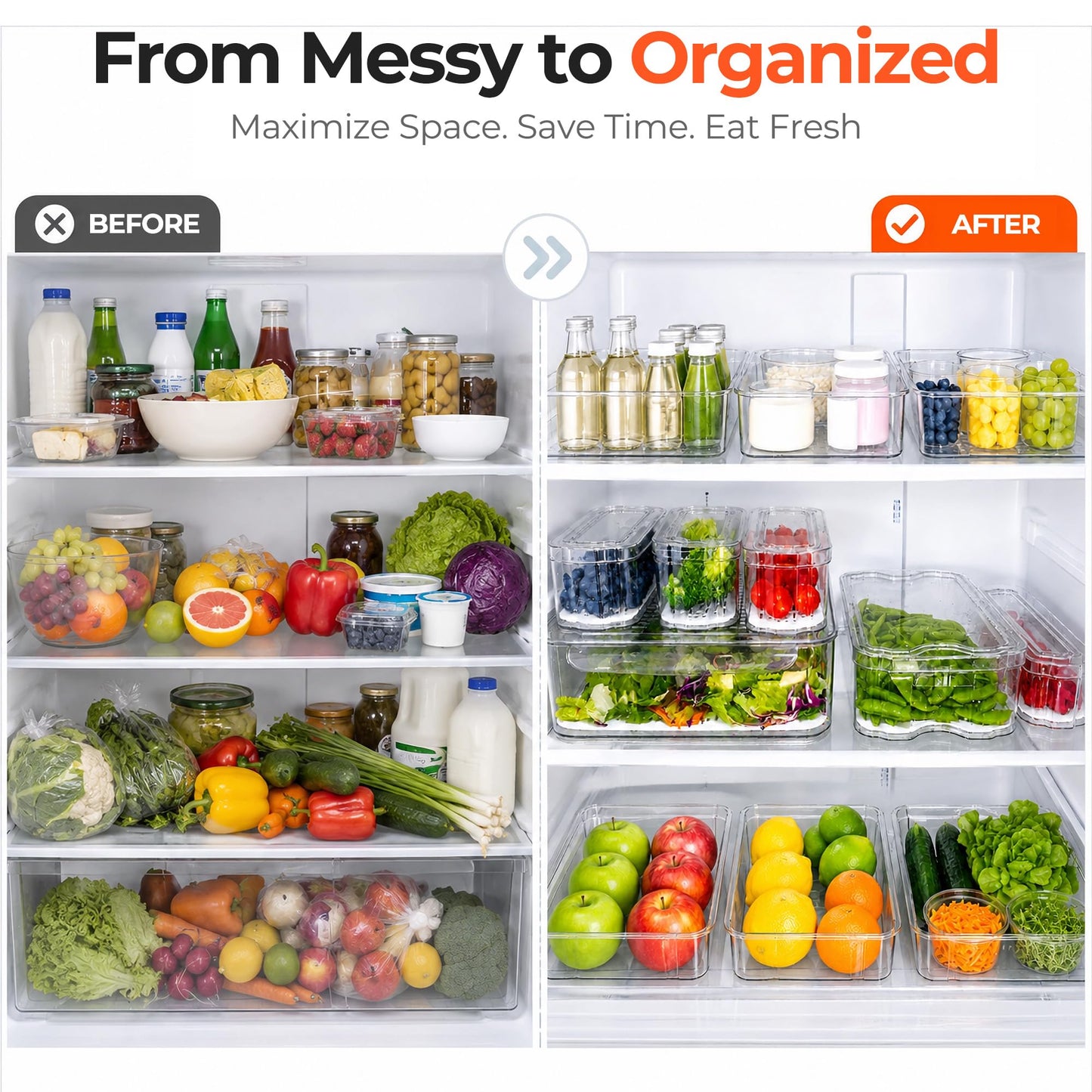 SMRCAD Refrigerator Organizers and Storage, 6 Pack with 1 Pull-Out Drawer and 5 Lidded Bins, Fruit Storage Containers for Fridge with Drain Trays, Helps Keep Produce Fresh