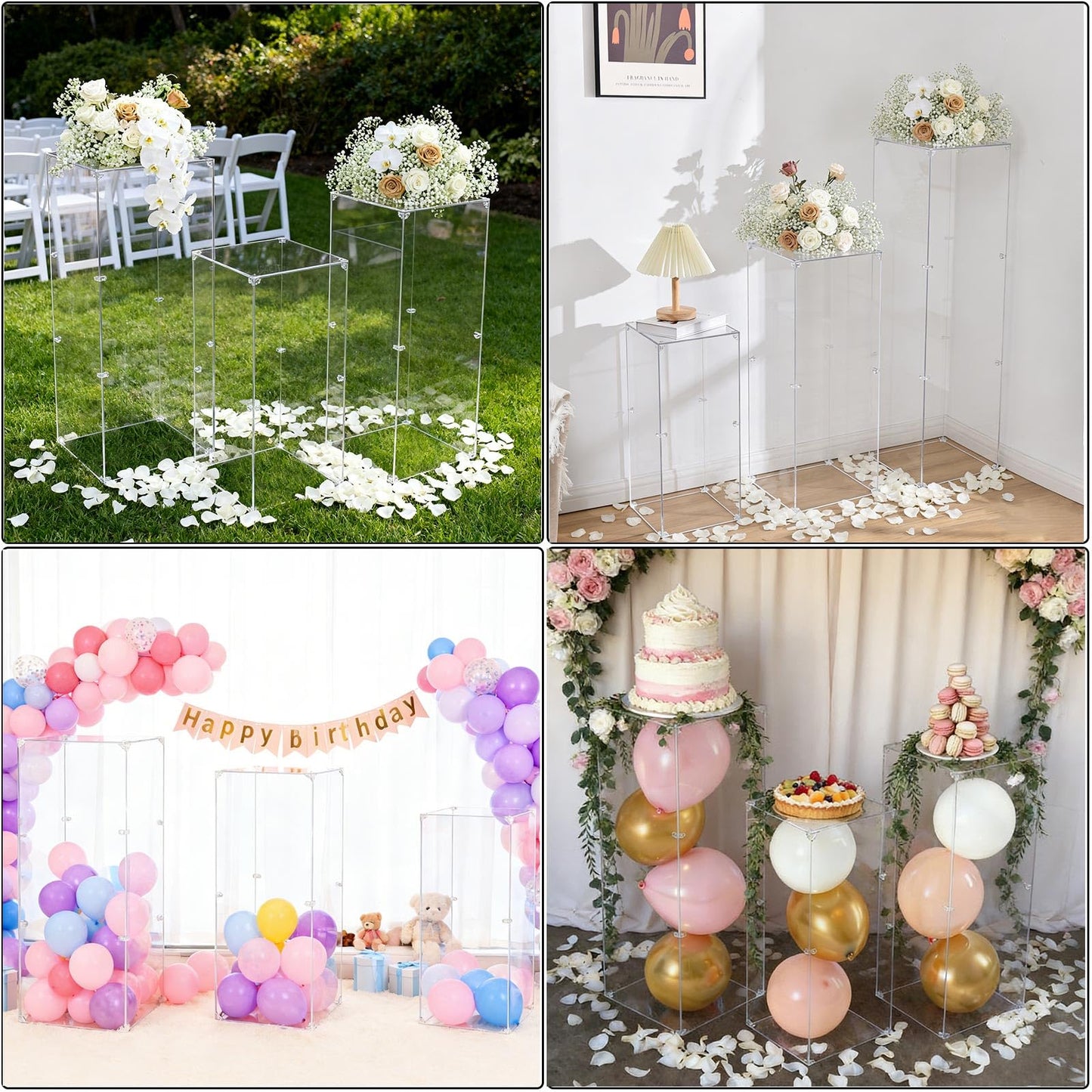 Vincidern 3pcs Acrylic Square Pedestal Stand for Party, Wedding, Events – Clear Display Plinth Pillars for Cake, Flowers, Sculptures, Birthday, Baby Shower, Art Gallery, Home Decor (31.5"/27.6"/23.6" H)