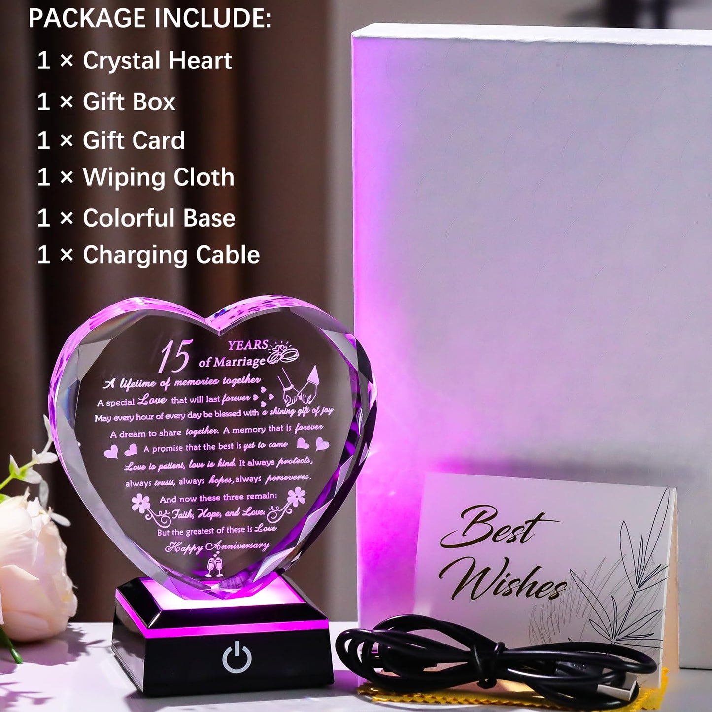 15th Wedding Anniversary Crystal Gifts for Couples with Colorful LED Base,Happy 15th Wedding Anniversary Keepsake Gifts for Her Him, Romantic 15 Years of Marriage Heart Gift for Wife Husband