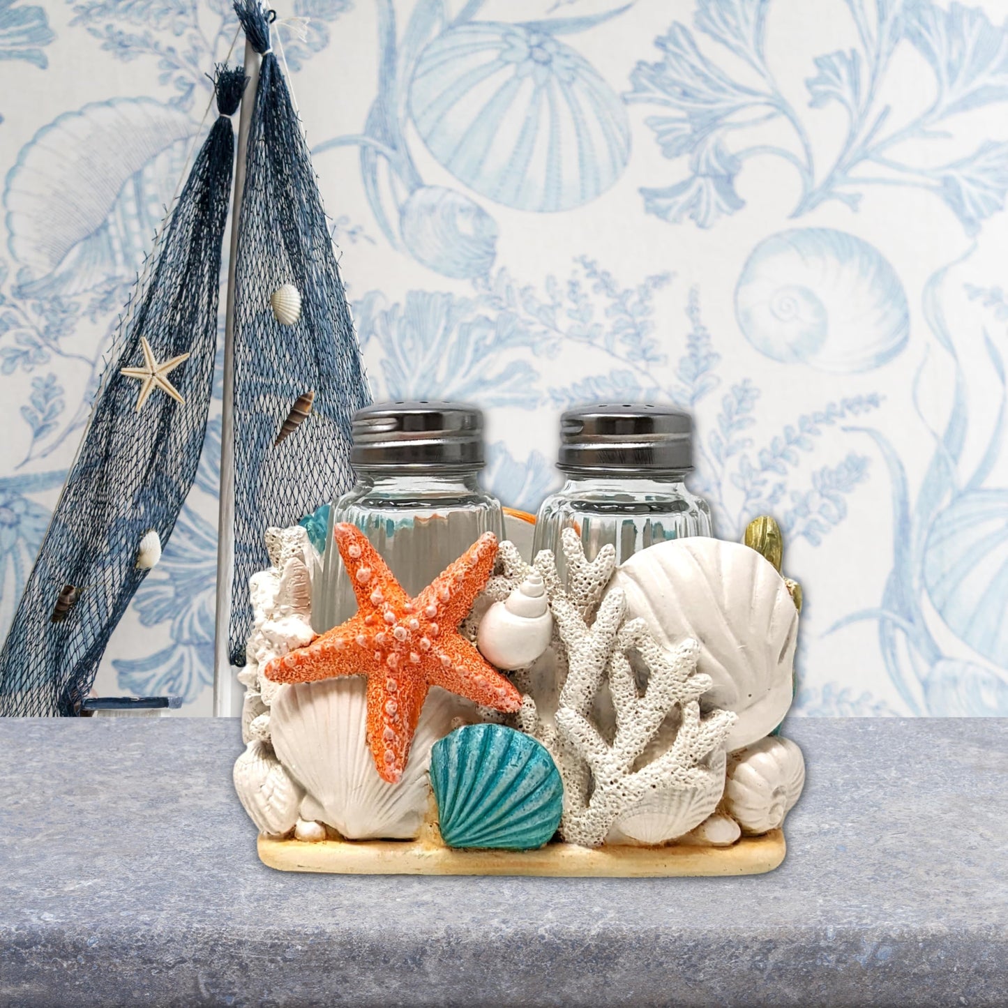 Seaside Splendor Salt and Pepper Shakers Set – Coastal Beach-Themed 3D Resin Design with Seashells & Starfish, Nautical Decor for Kitchens, Dining Rooms, and Beach Houses, Includes 2 Bottles
