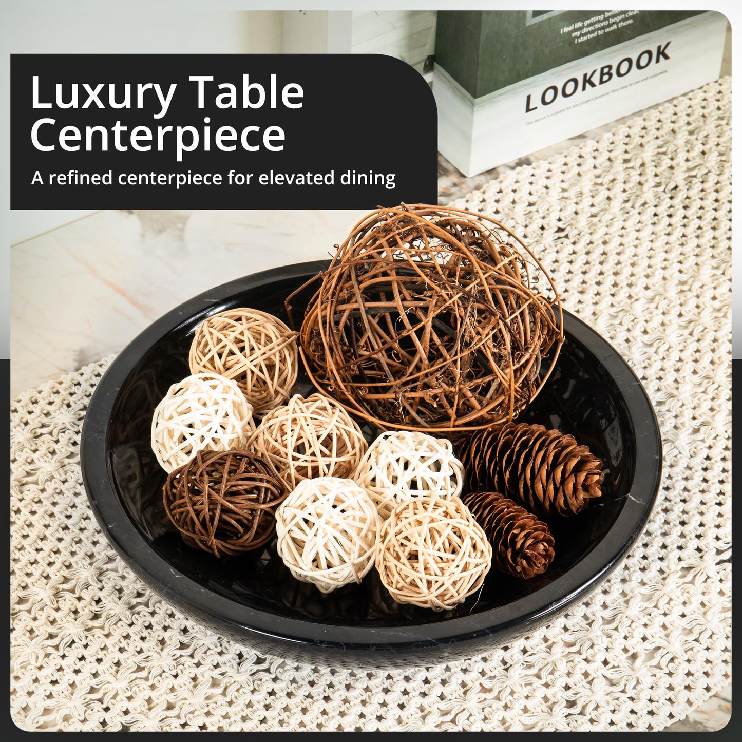 Decorative Marble Bowl Black - Handcrafted Natural Stone on Acacia Wood Pedestal - Versatile 10" Catch‑All Centrepiece for Home Decor - Entryway, Dining Table, Kitchen Fruit Bowl, Key Holder (Black)