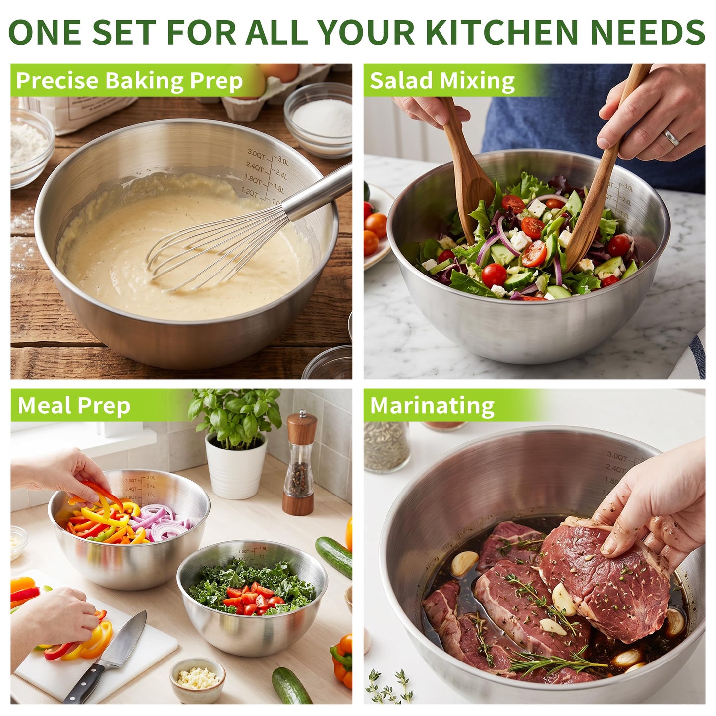 Bitwav 304 Stainless Steel Mixing Bowls Set of 5, 1.1/1.6/1.9/2.5/3.5 QT Food Grade Metal Bowls with Measurement Marks, Dishwasher Safe & Stackable Nesting for Baking, Salads, Meal Prep, RV & Camping