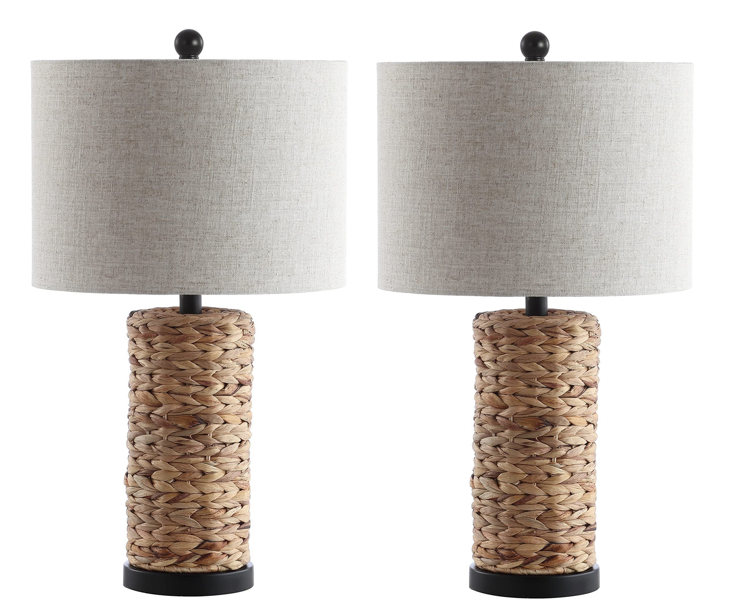 JONATHAN Y 25" Natural Coastal Water Hyacinth Table Lamp Set of 2, Bedside Lamp with Light Grey Linen Shade, Boho Farmhouse Decor for Living Room Nightstand, LED Bulbs JYL6502A-SET2