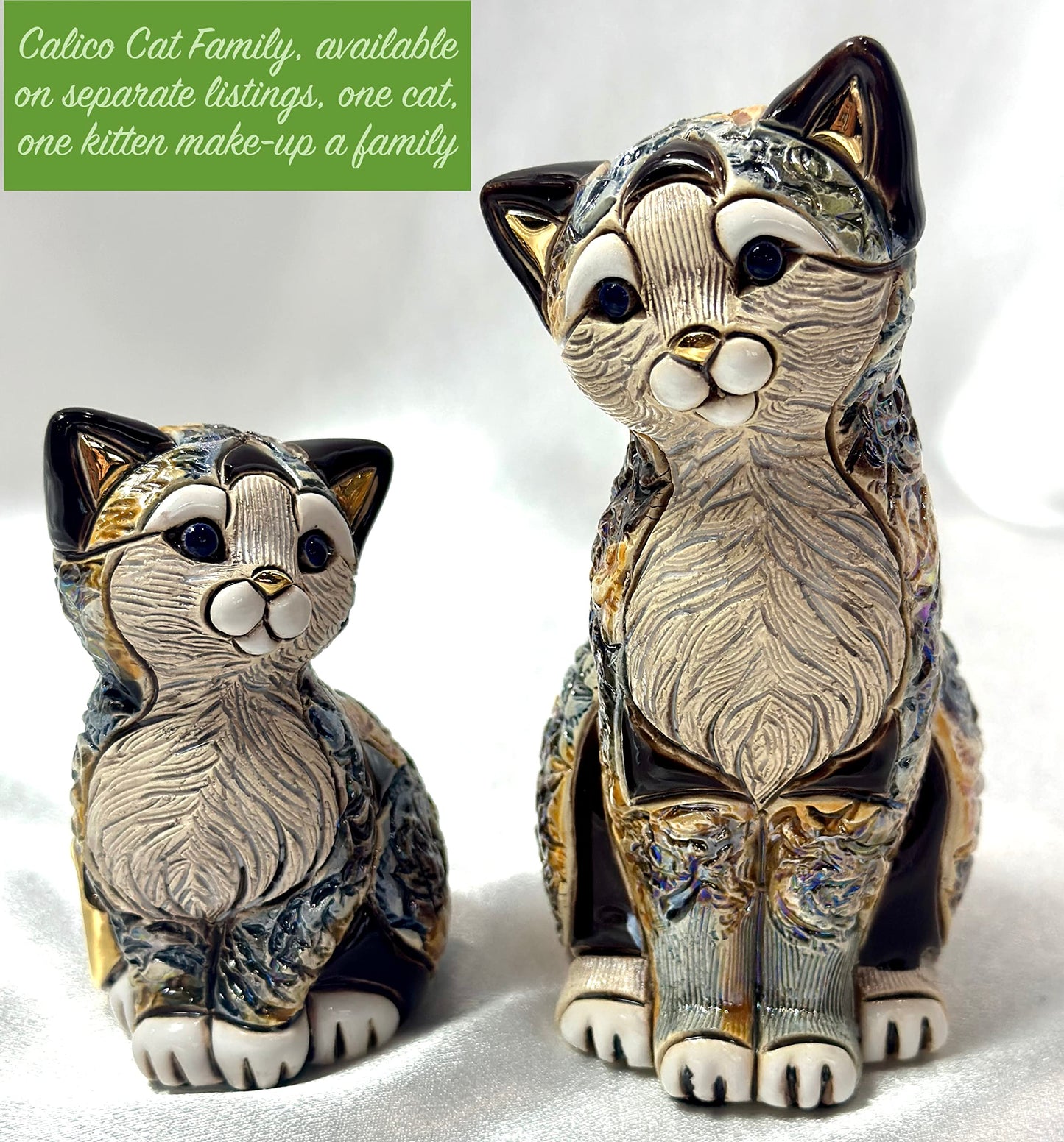 Handmade Sculpted Ceramic Calico Cat Sitting Figurine - Art - Decor - Gift