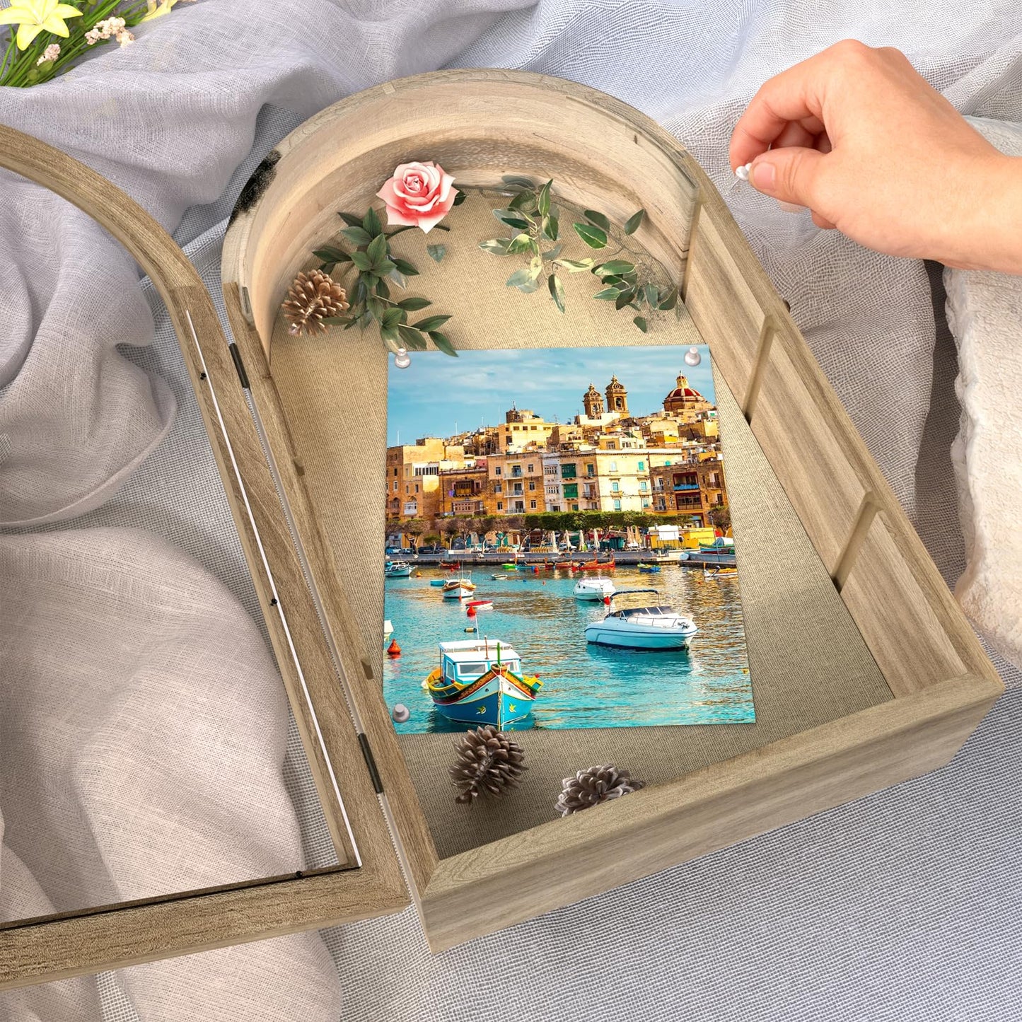 REFGY Arched Shadow Box Frame 16.3"x9.8" for Flowers & Photos - 3.9" Deep Wooden Shadowbox Picture Frame with 4 Removable Shelves - Large Personalized Shadow Box for Wedding Memorabilia