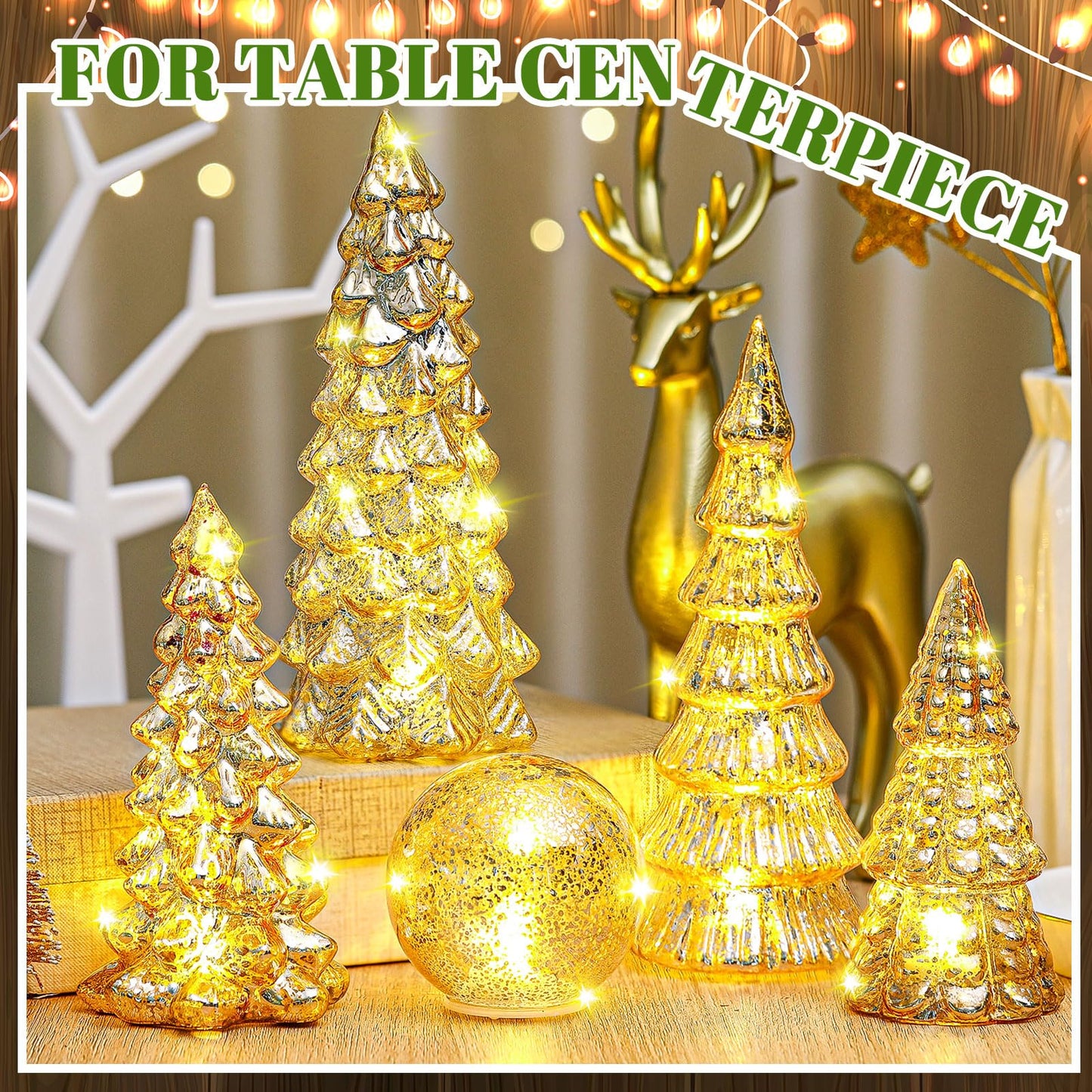 Syhood 6 Pcs Gold Mercury Glass Christmas Tree for Tabletop Light up Figurine Christmas Tree Mercury Cracked Glass Globe with Light for Xmas Decor Home Party Centerpiece Mantel Gift